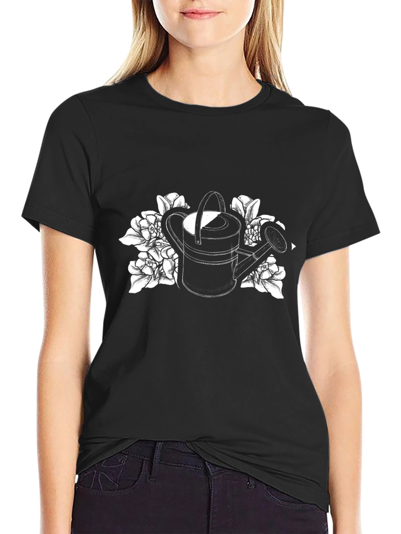 Black Watering Can Floral Graphic T-Shirt