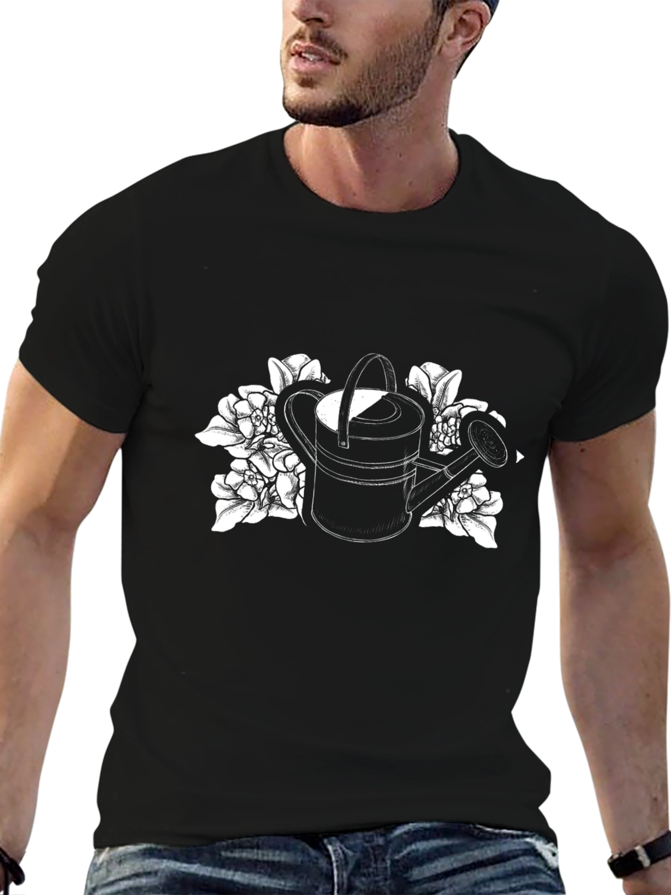 Black Watering Can Floral Graphic T-Shirt