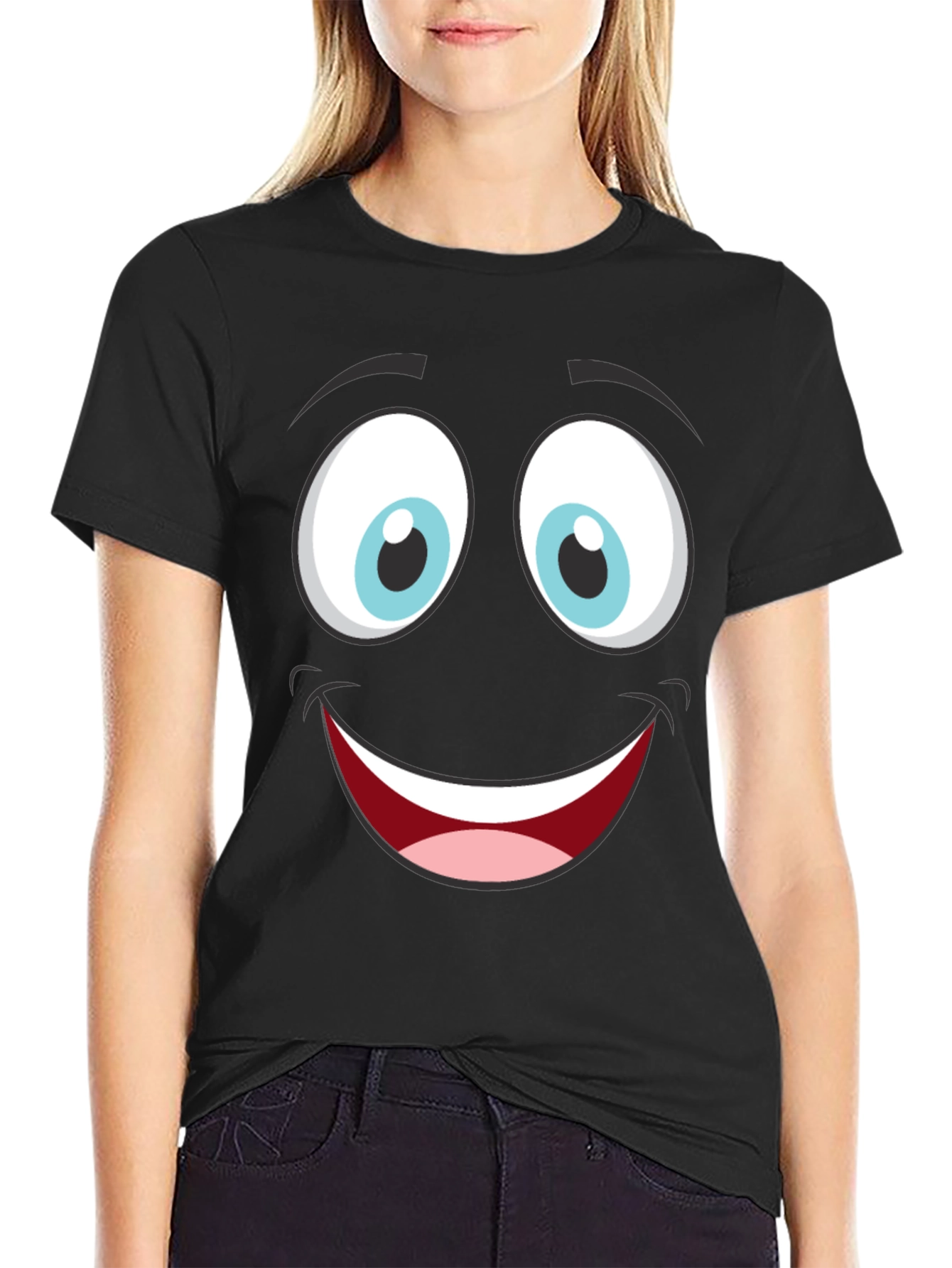 Funny Cartoon Face Graphic Black T-Shirt