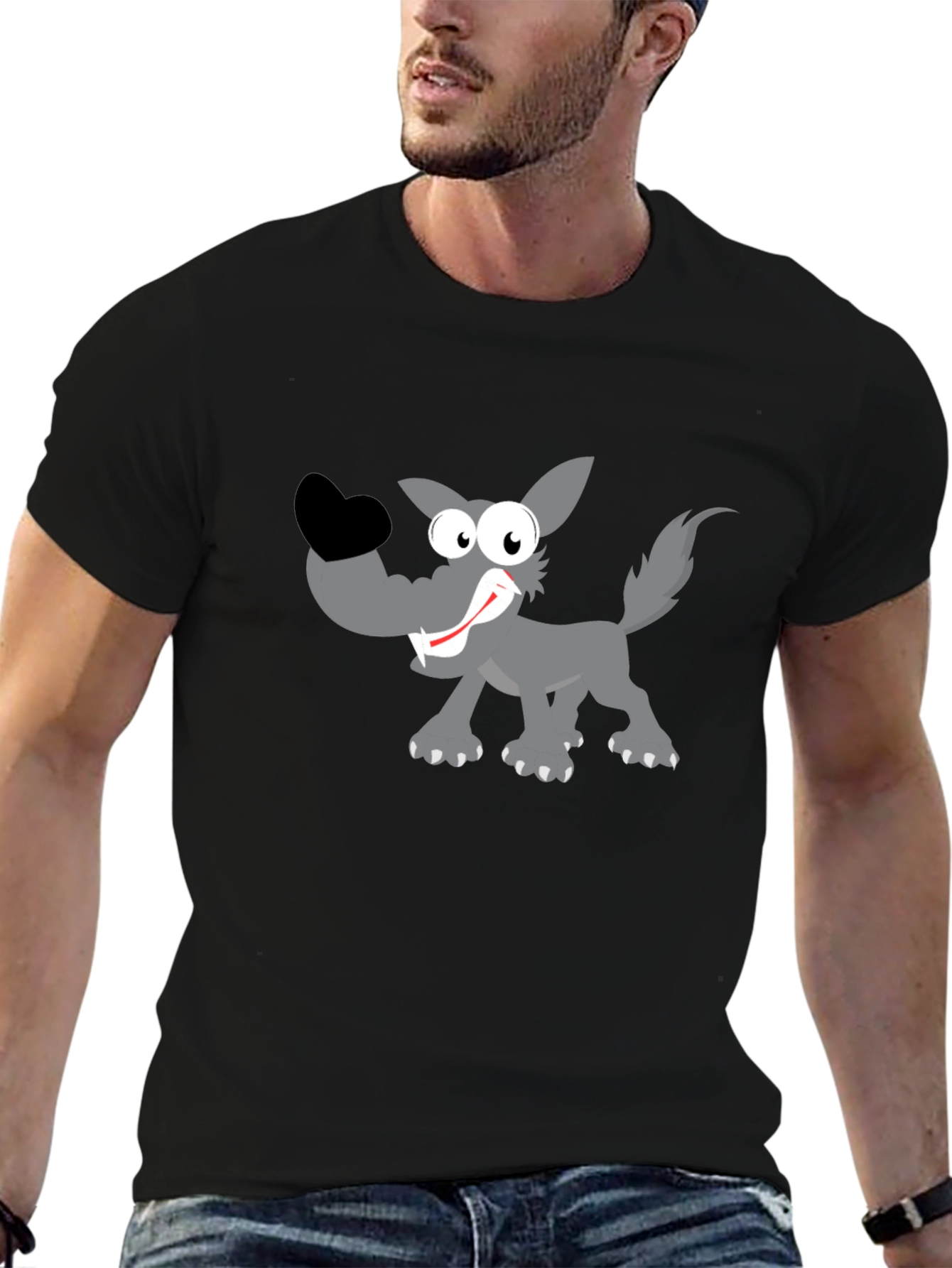 Cartoon Wolf Graphic Tee - Black Cotton T-Shirt