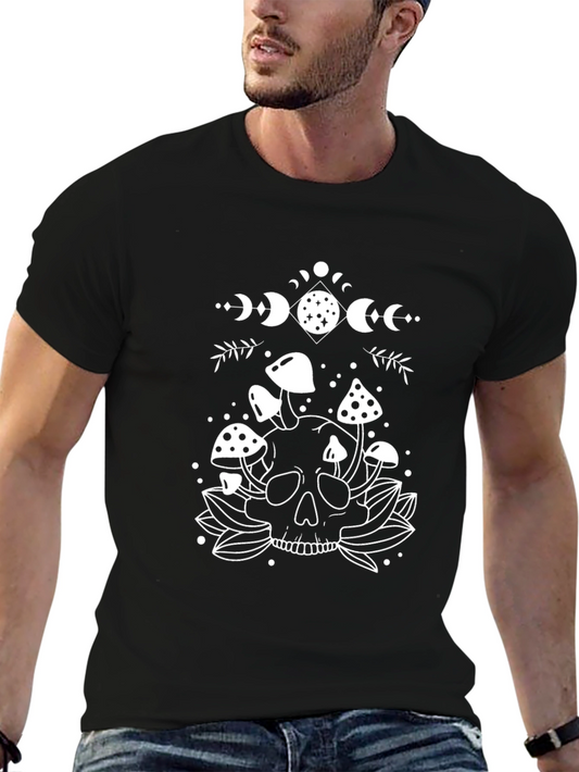 Skull & Mushroom Graphic Tee - Black Cotton Blend