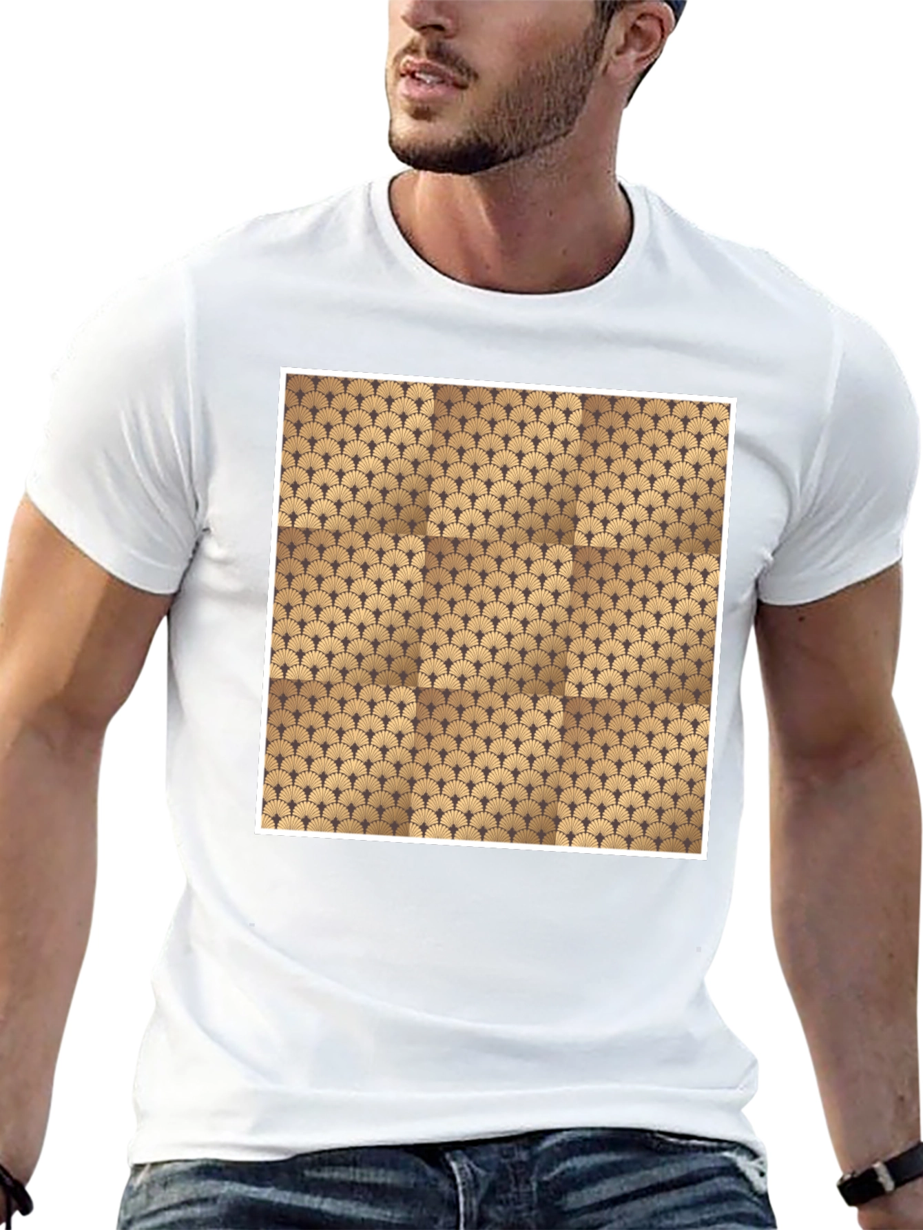 Stylish Black Tee with Geometric Fan Design