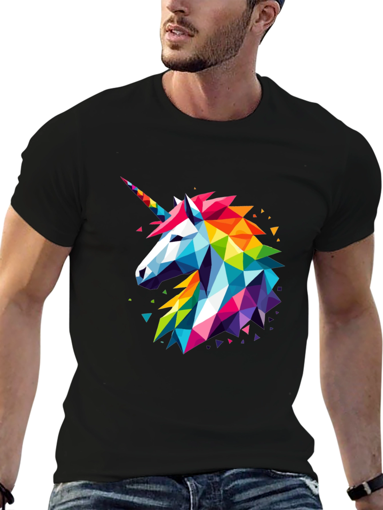 Geometric Unicorn Graphic Black T-Shirt