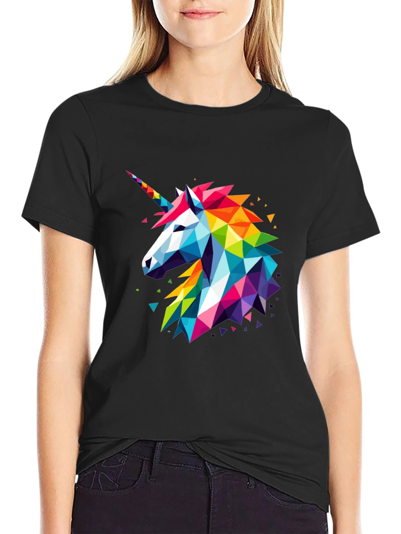 Geometric Unicorn Graphic Black T-Shirt