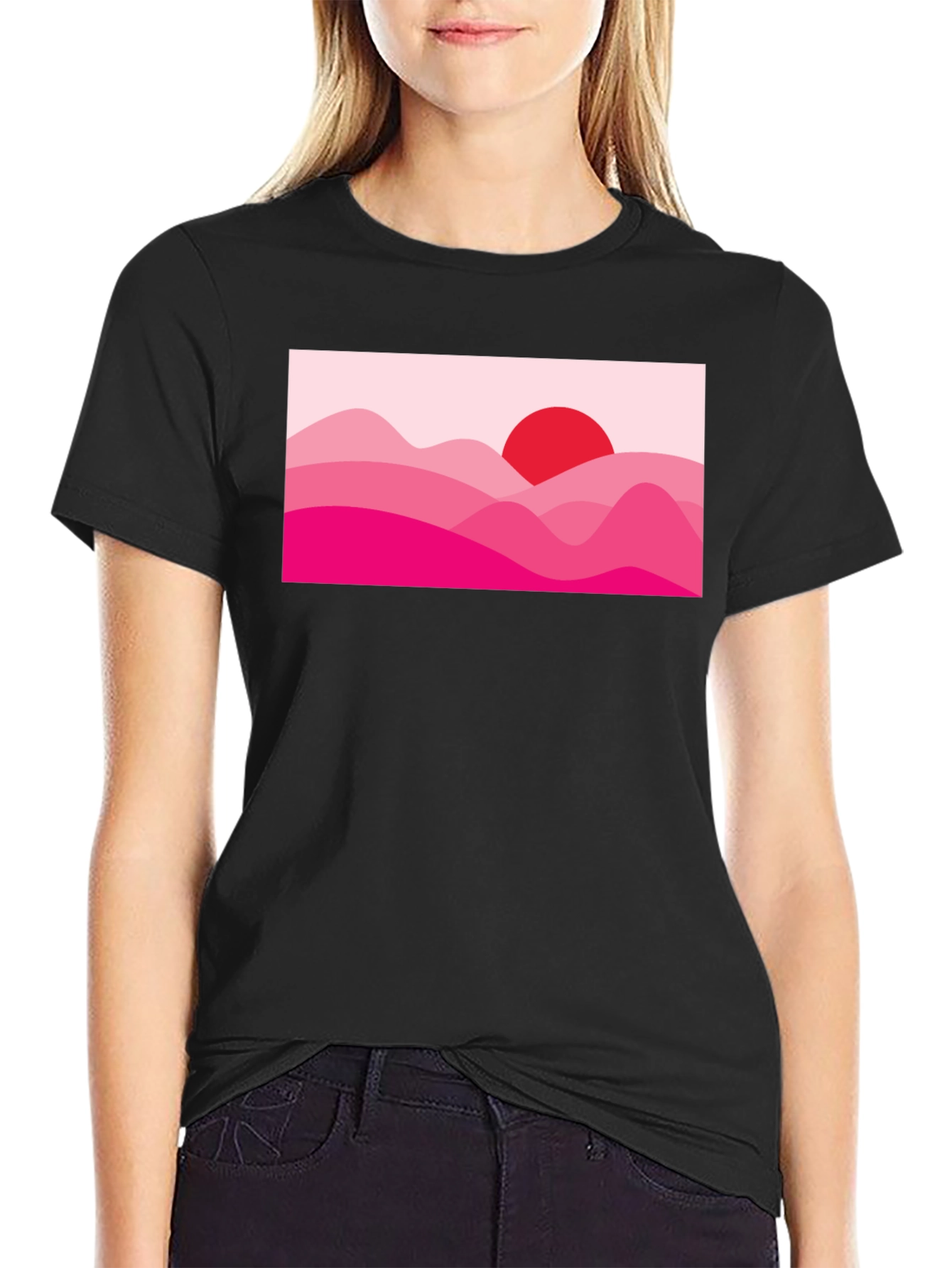 Sunset Pink Mountain Graphic Black T-Shirt