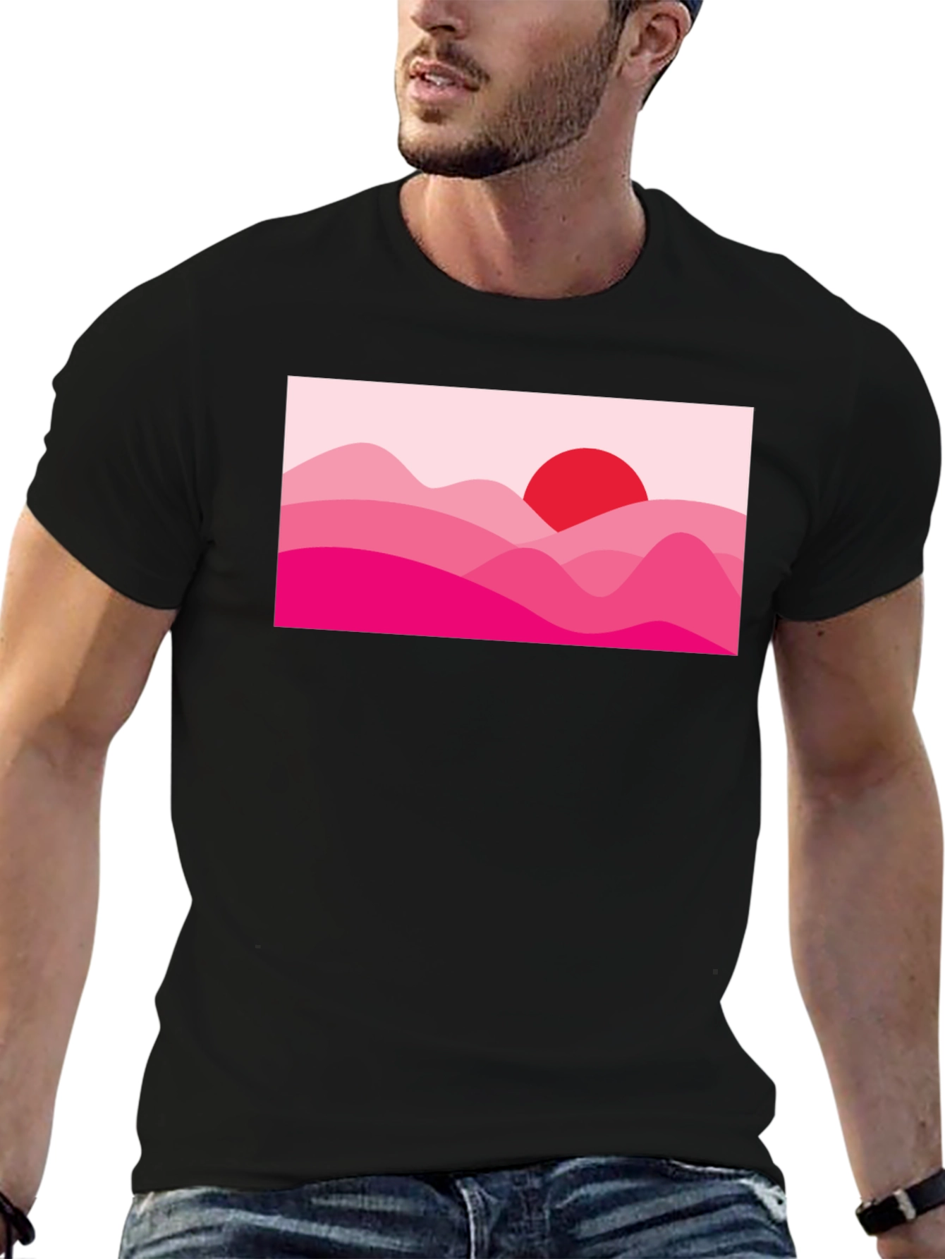 Sunset Pink Mountain Graphic Black T-Shirt