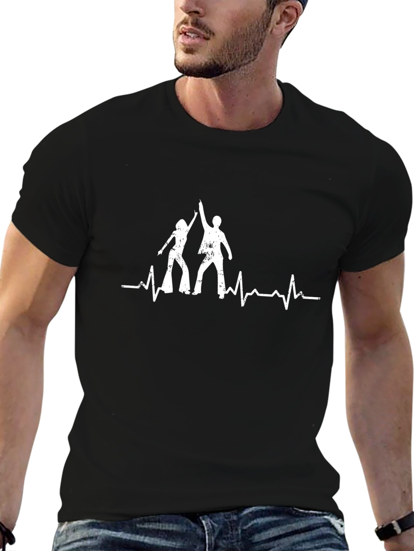 Dancing Heartbeat Graphic Tee - Black Cotton T-Shirt