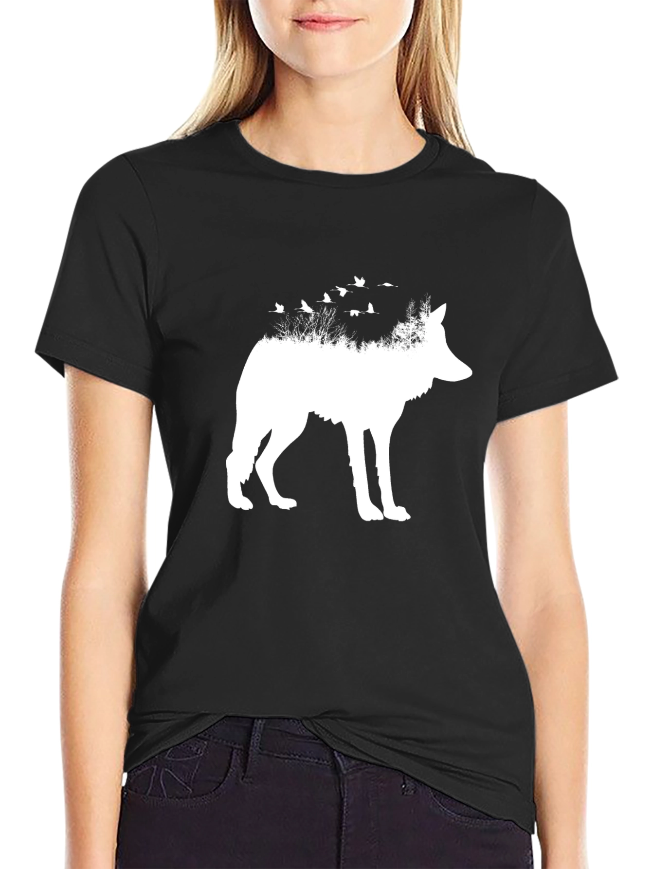 Wolf & Birds Graphic Tee - Black Cotton Blend