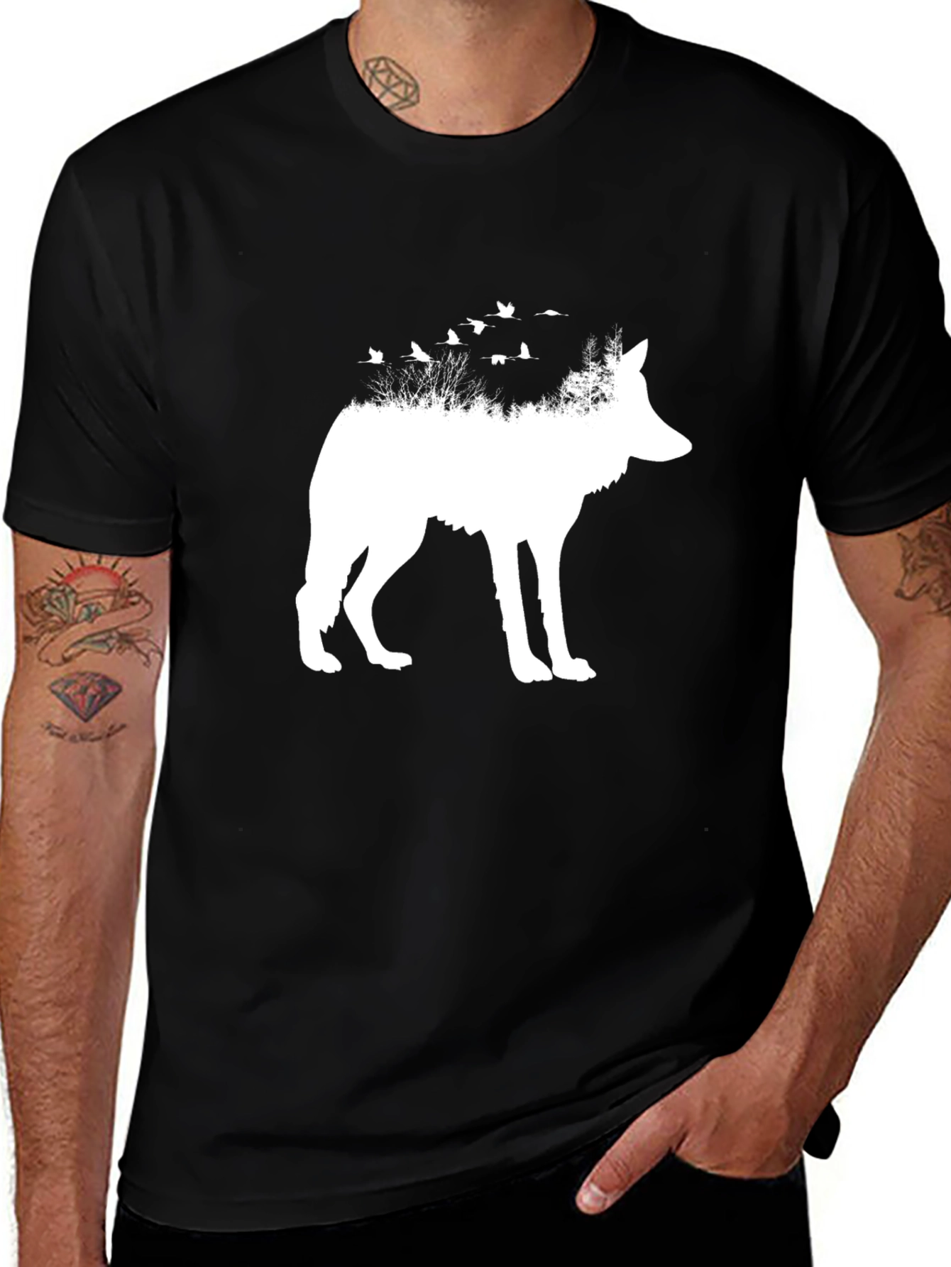 Wolf & Birds Graphic Tee - Black Cotton Blend
