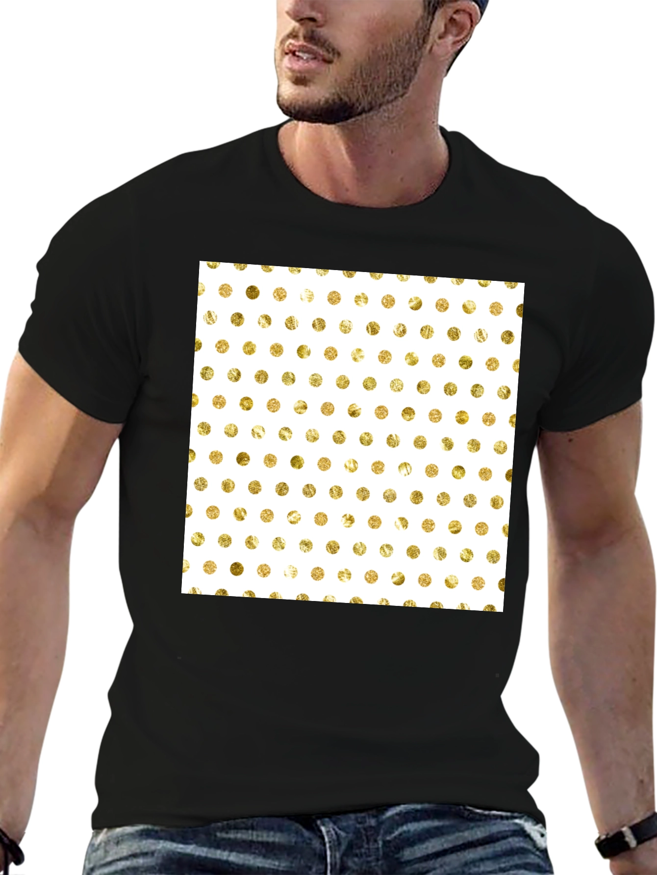 Trendy Black T-Shirt with Gold Polka Dot Design