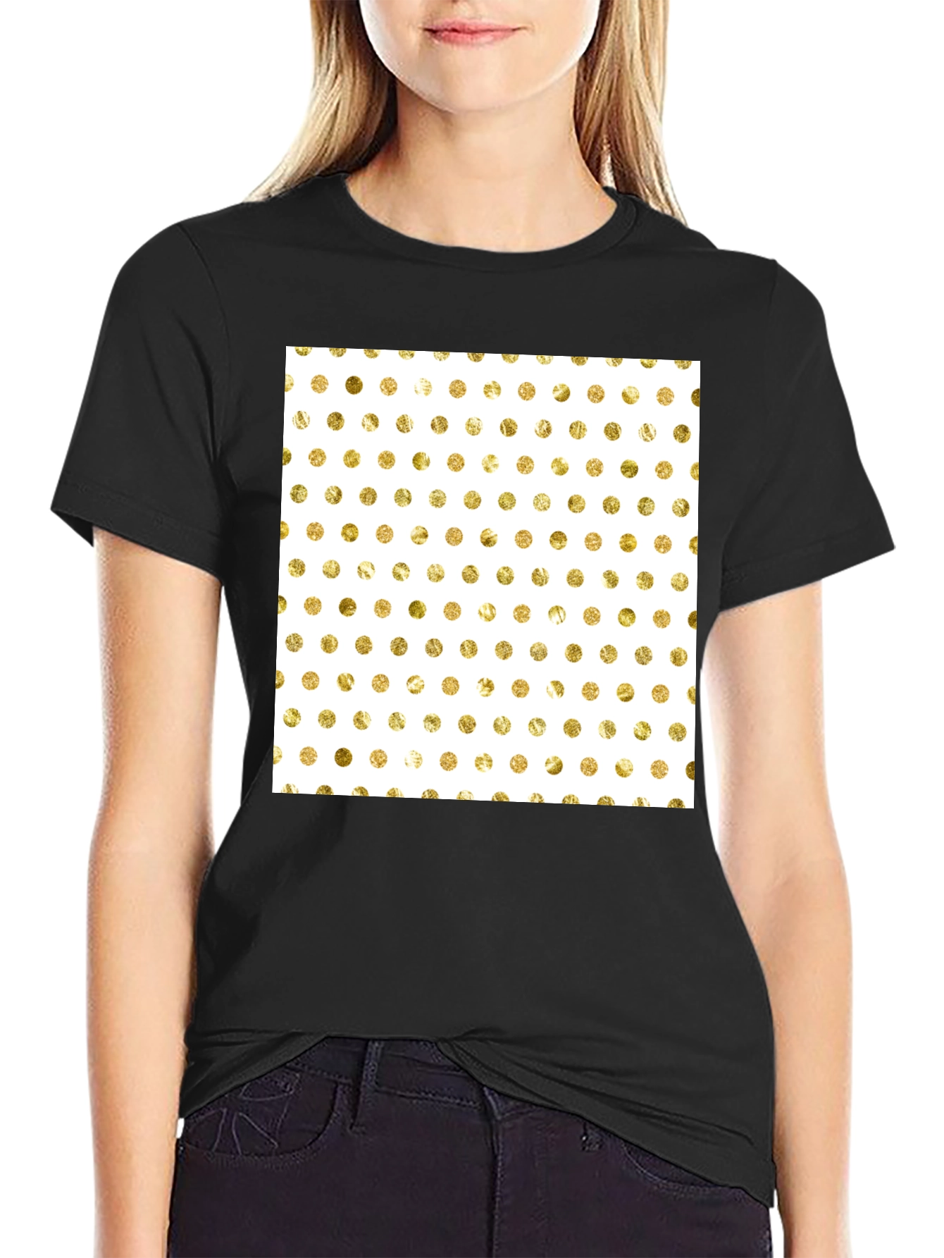 Trendy Black T-Shirt with Gold Polka Dot Design