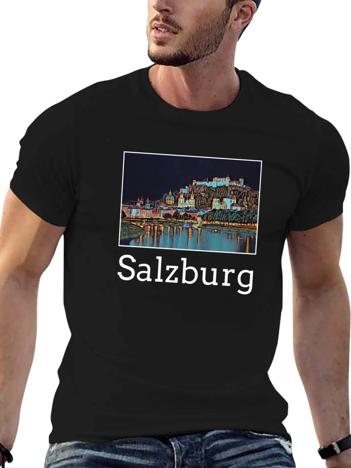 Salzburg Cityscape Graphic Tee - Black Cotton T-Shirt