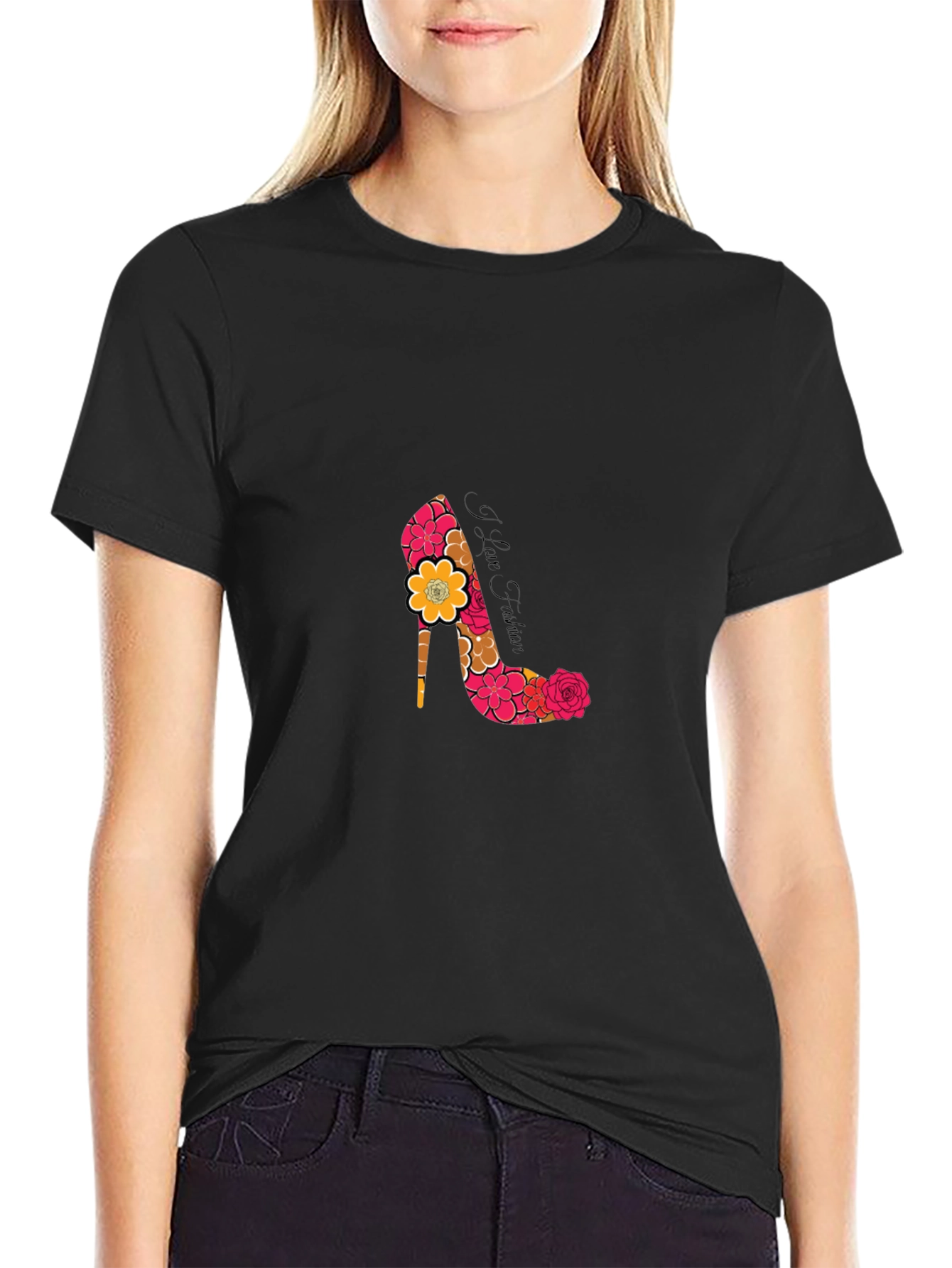 Floral Heel Print Black T-Shirt