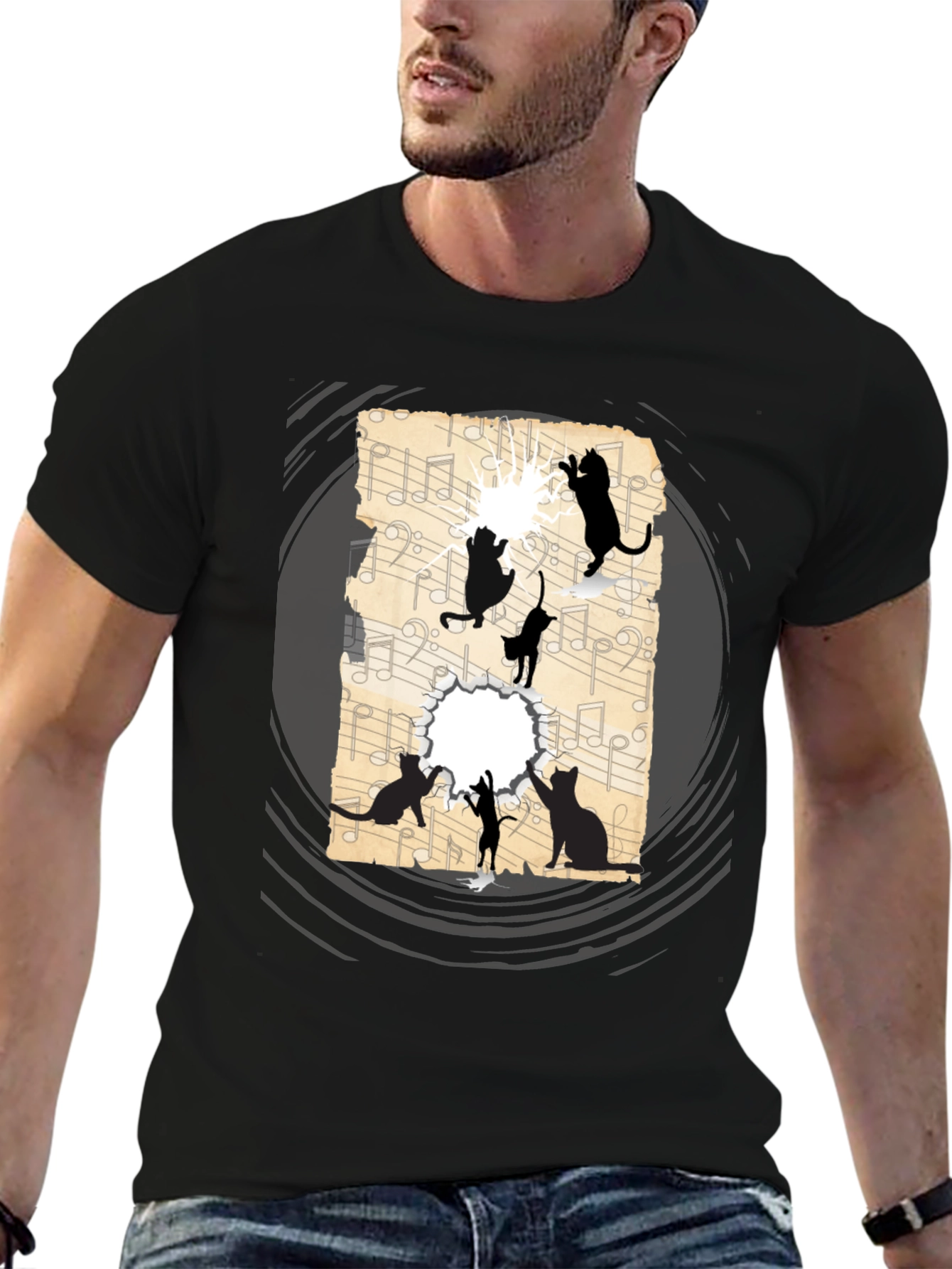 Cat Silhouette Music Sheet Graphic Tee