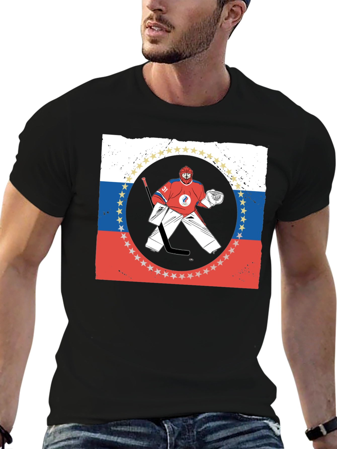 Russia Hockey T-Shirt Olympic Games Goal Keeper Graphic Tee