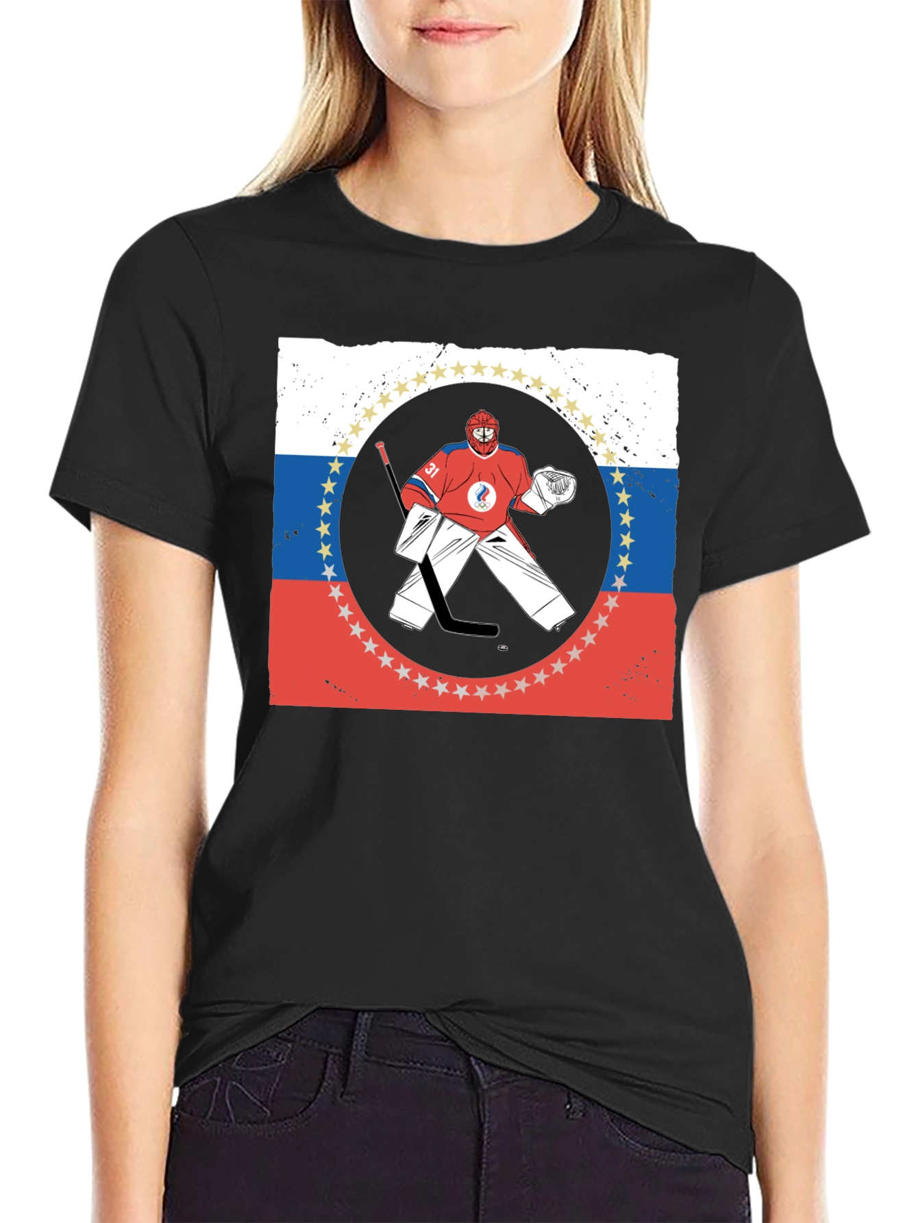 Russia Hockey T-Shirt Olympic Games Goal Keeper Graphic Tee