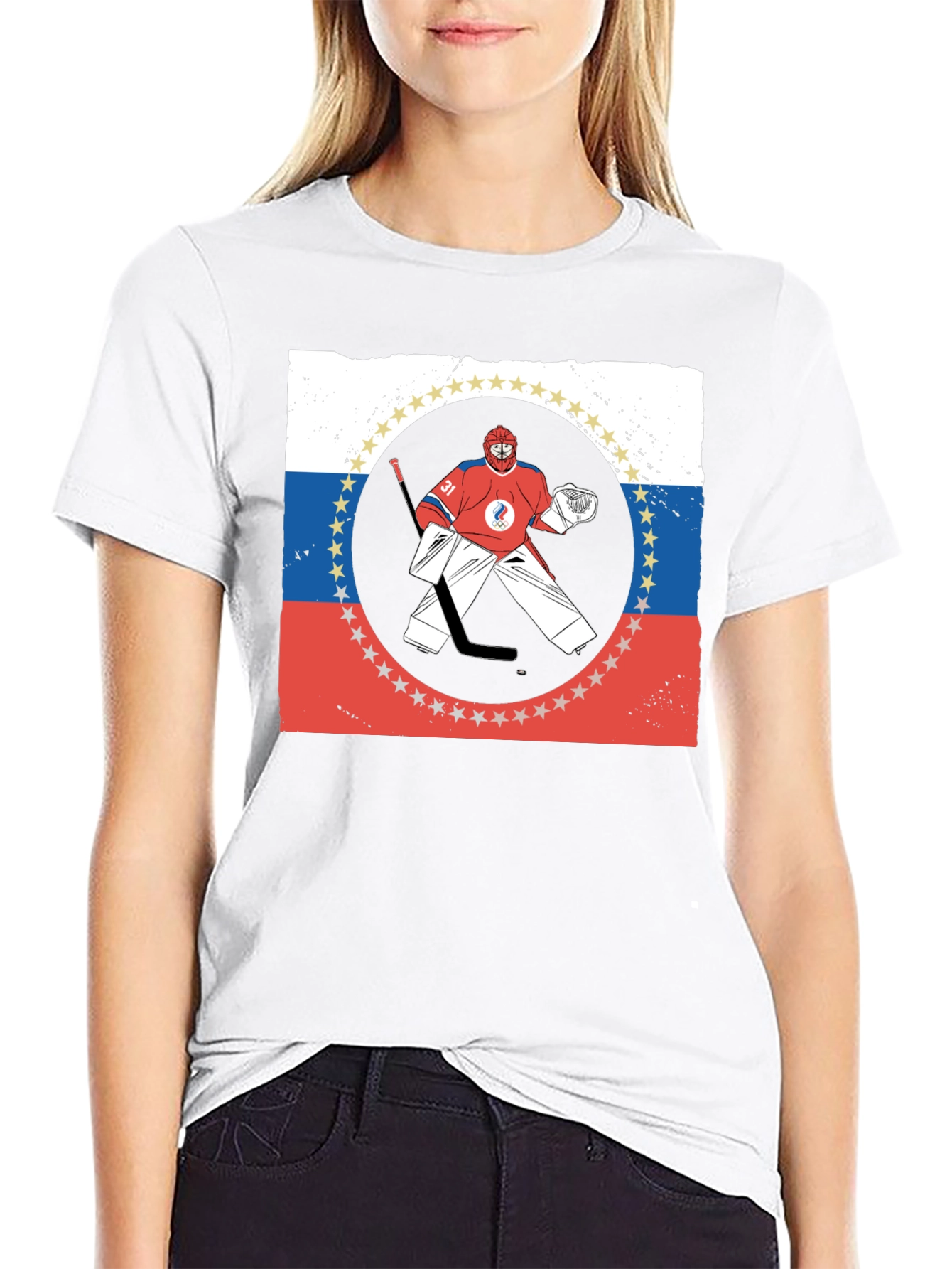 Russia Hockey T-Shirt Olympic Games Goal Keeper Graphic Tee