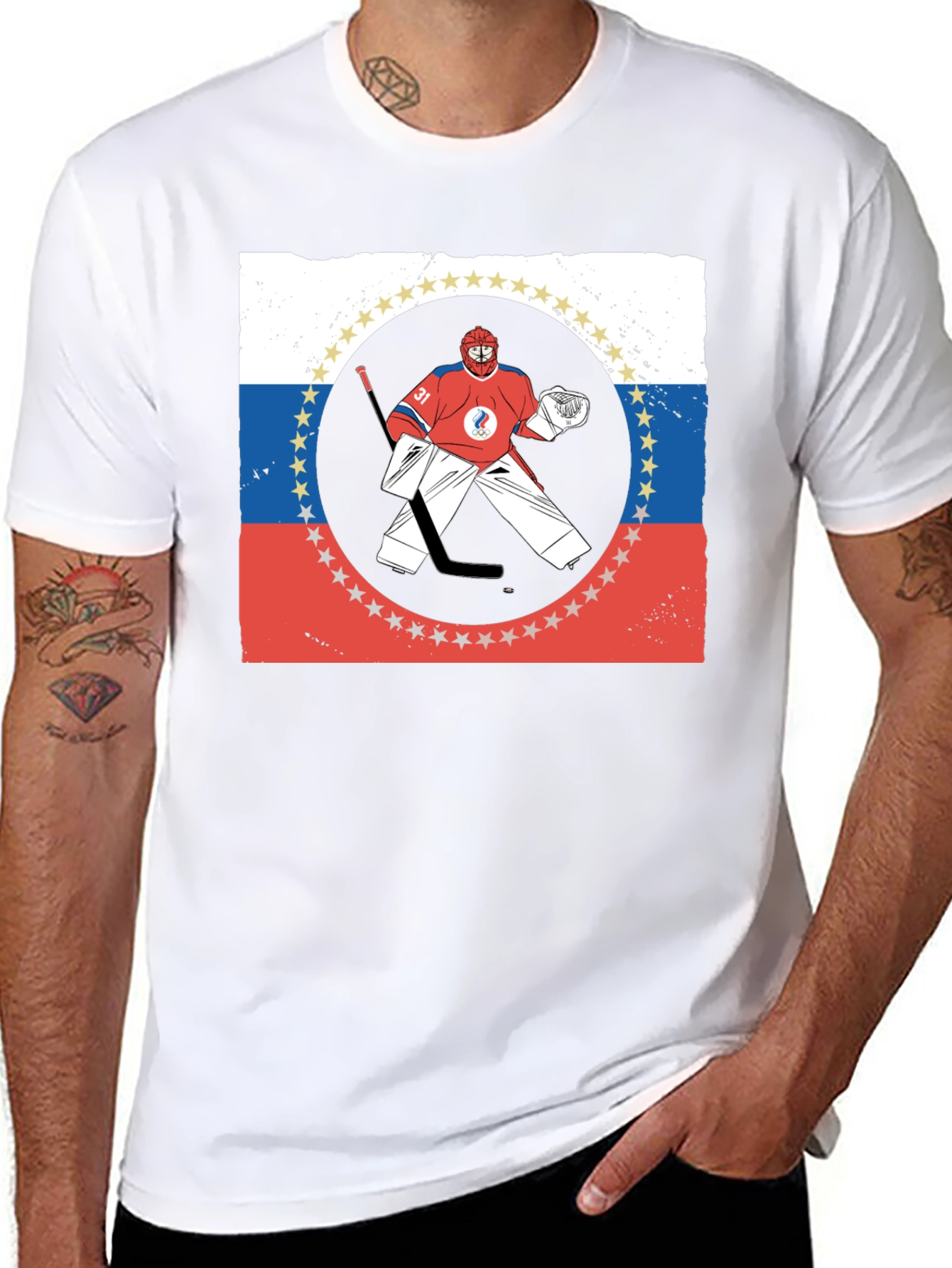Russia Hockey T-Shirt Olympic Games Goal Keeper Graphic Tee