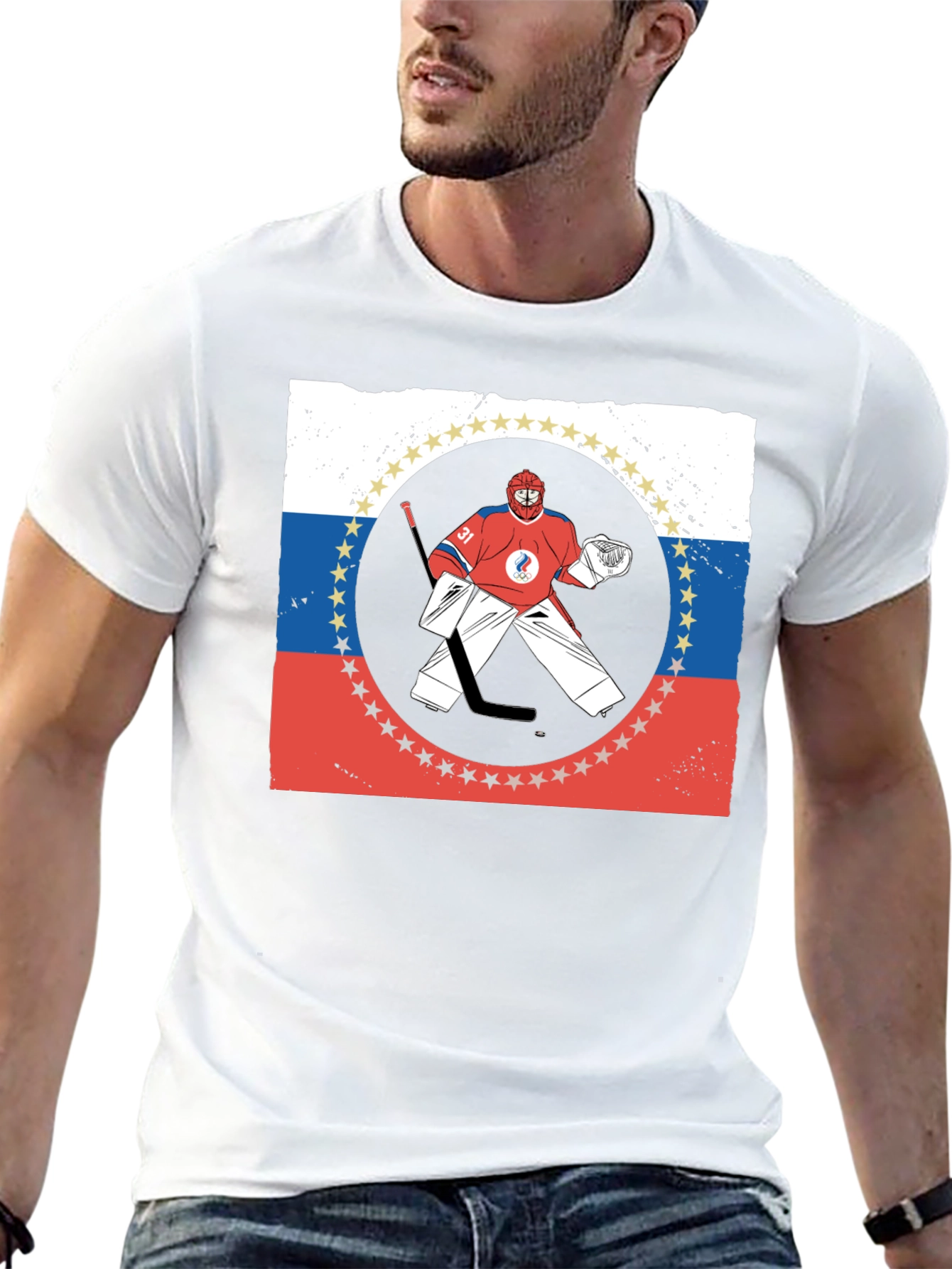 Russia Hockey T-Shirt Olympic Games Goal Keeper Graphic Tee