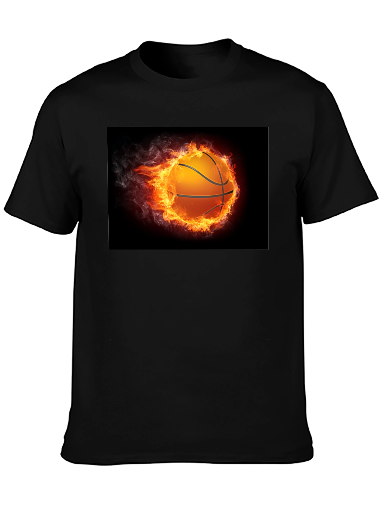 Flaming Basketball Graphic Tee - Black Cotton Shirt