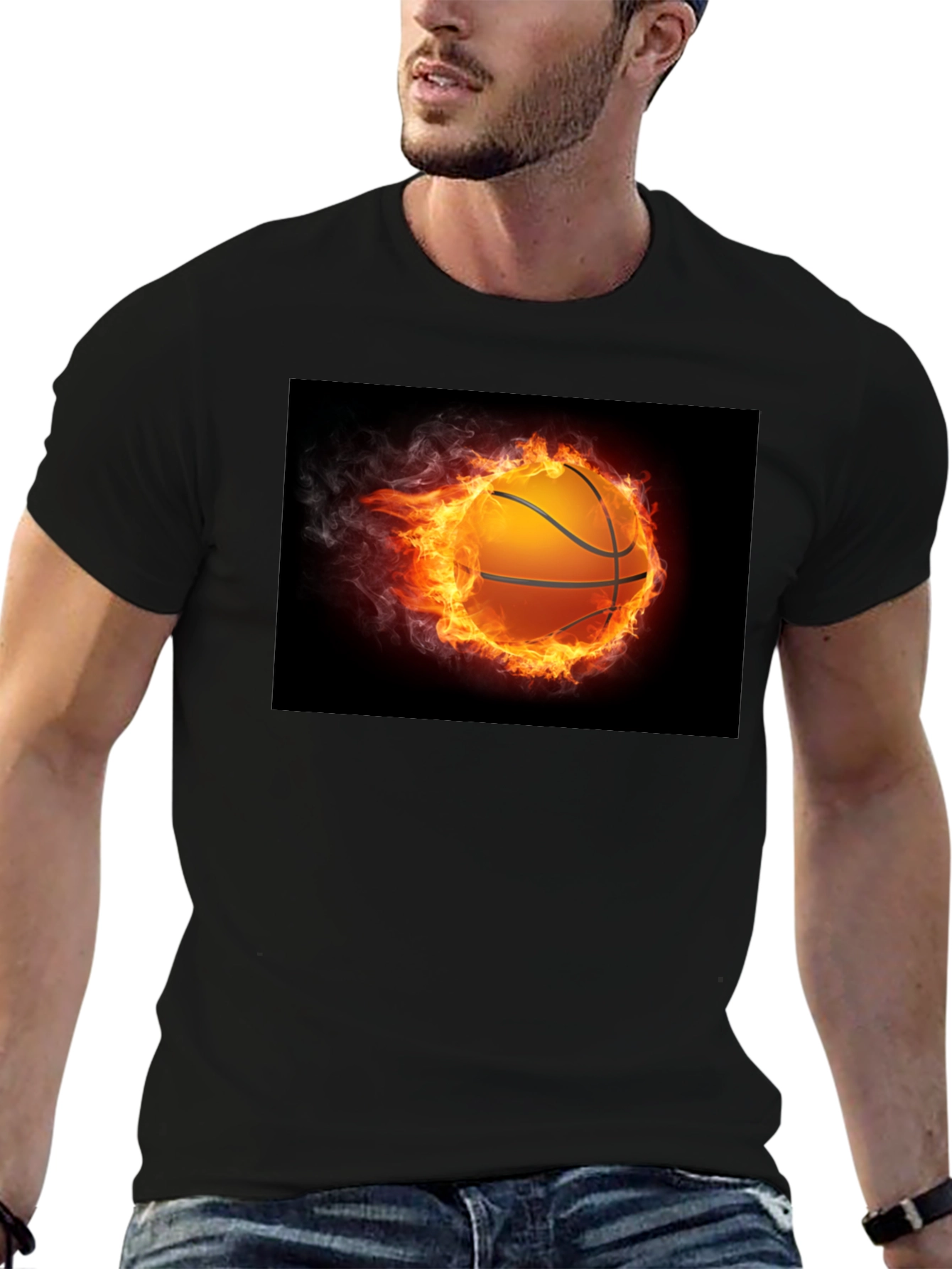 Flaming Basketball Graphic Tee - Black Cotton Shirt