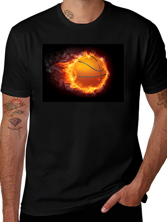 Flaming Basketball Graphic Tee - Black Cotton Shirt