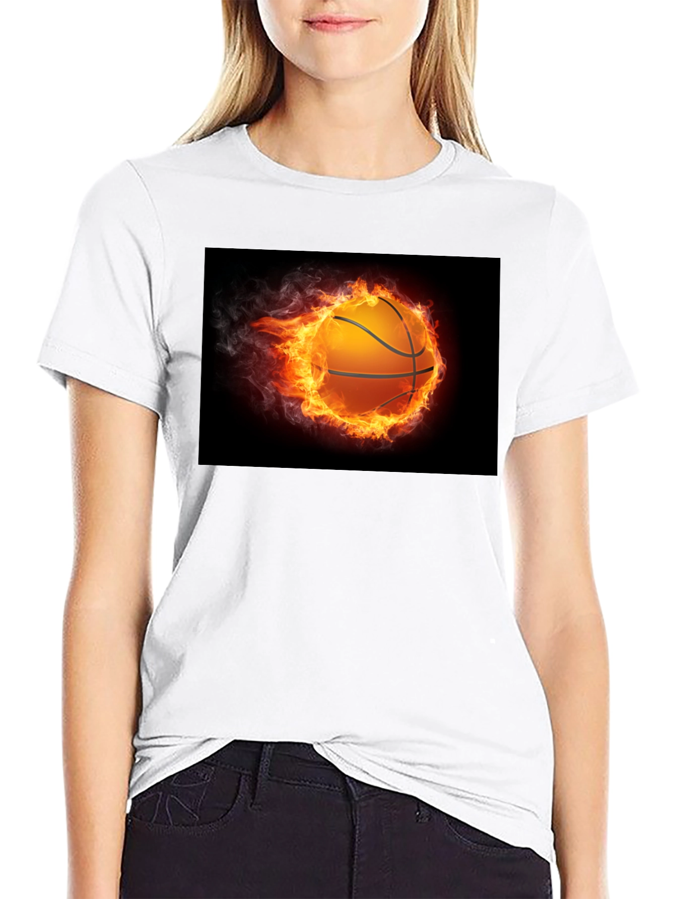 Flaming Basketball Graphic Tee - Black Cotton Shirt