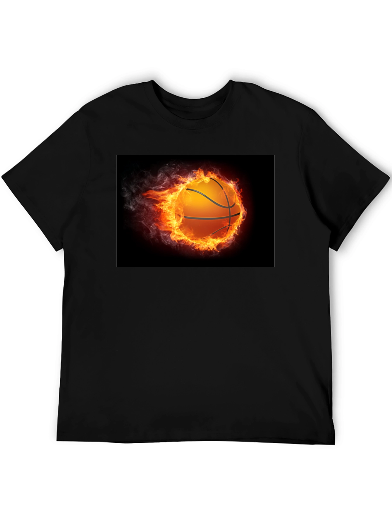 Flaming Basketball Graphic Tee - Black Cotton Shirt