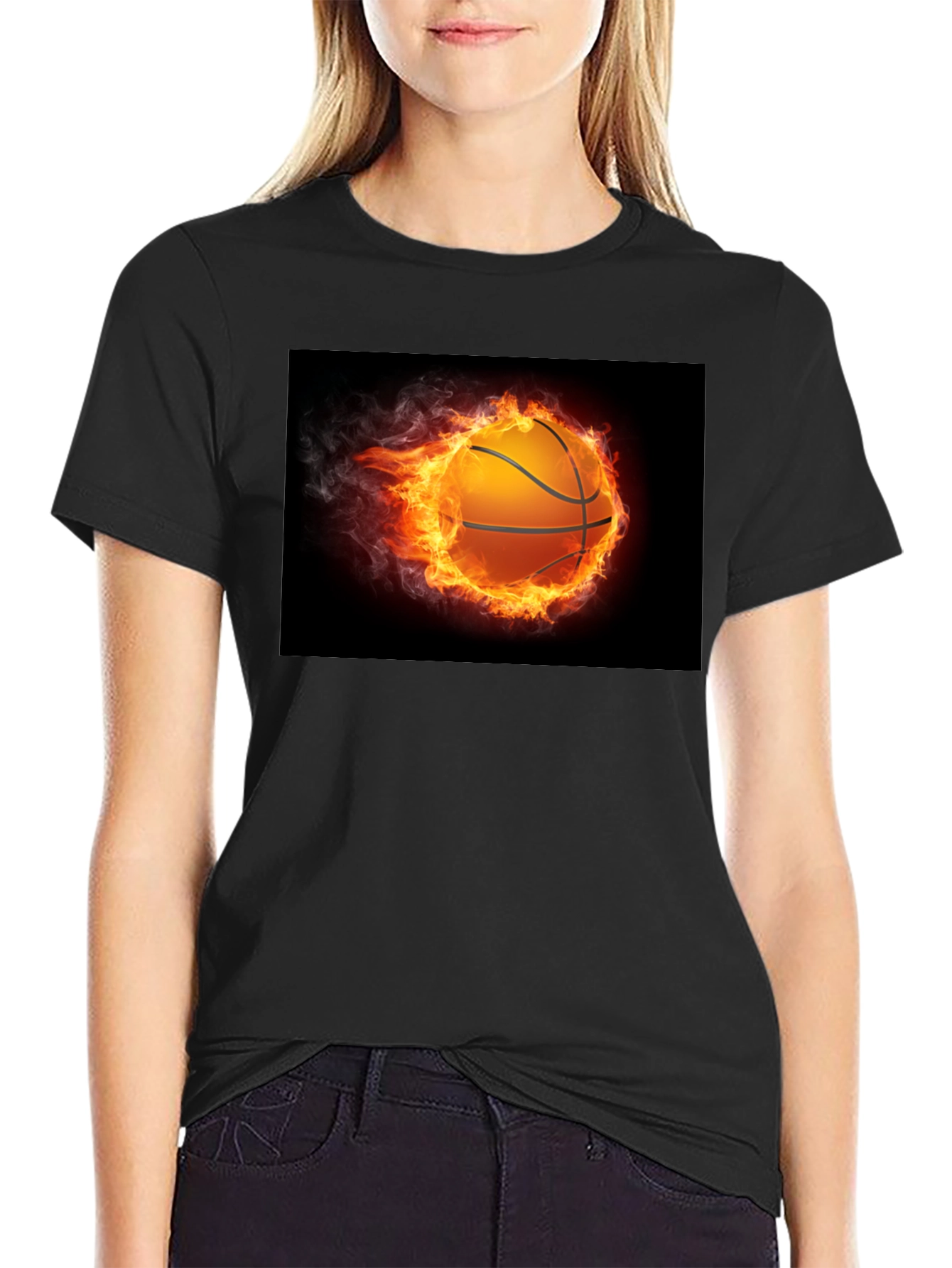 Flaming Basketball Graphic Tee - Black Cotton Shirt