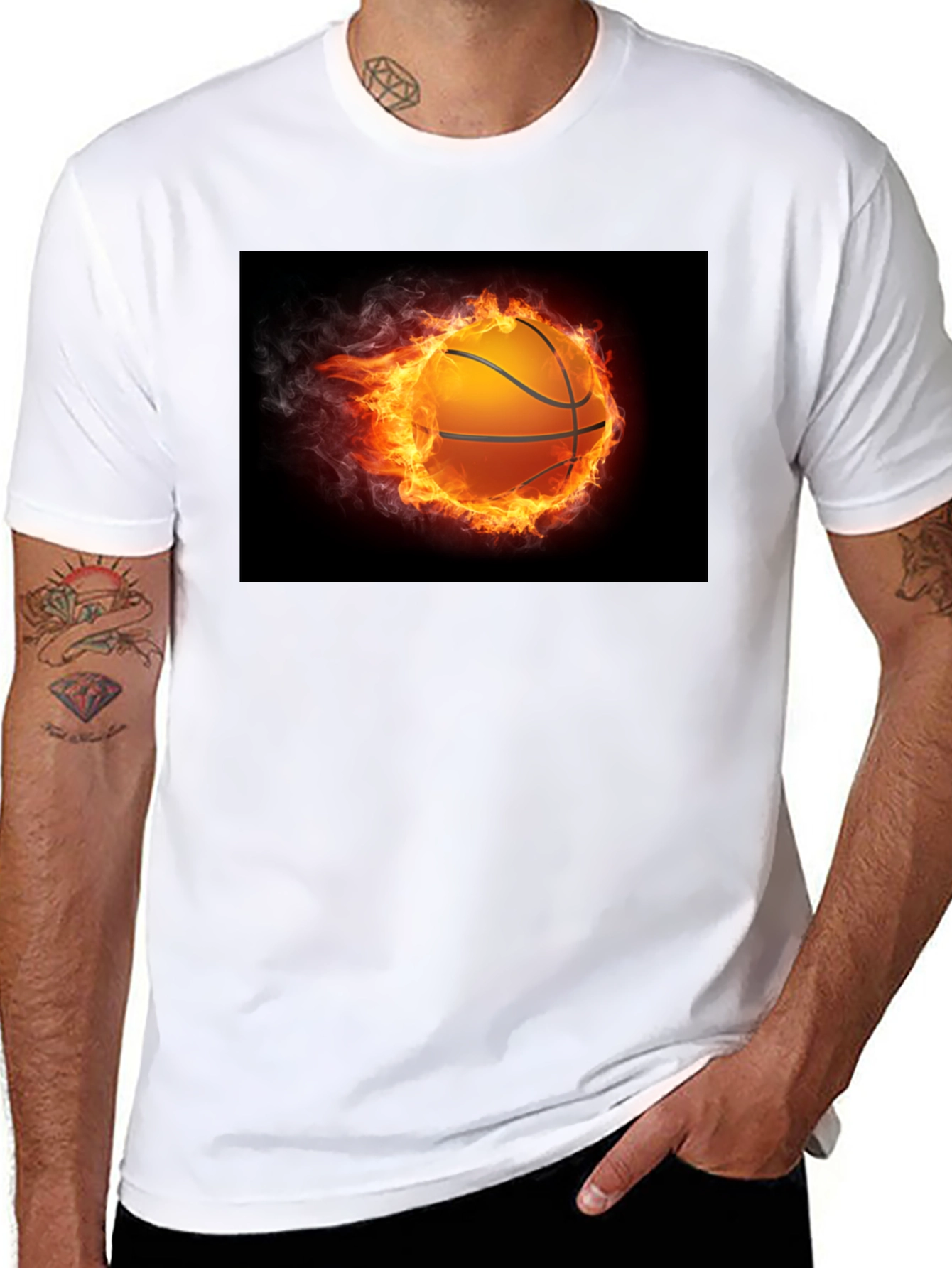 Flaming Basketball Graphic Tee - Black Cotton Shirt