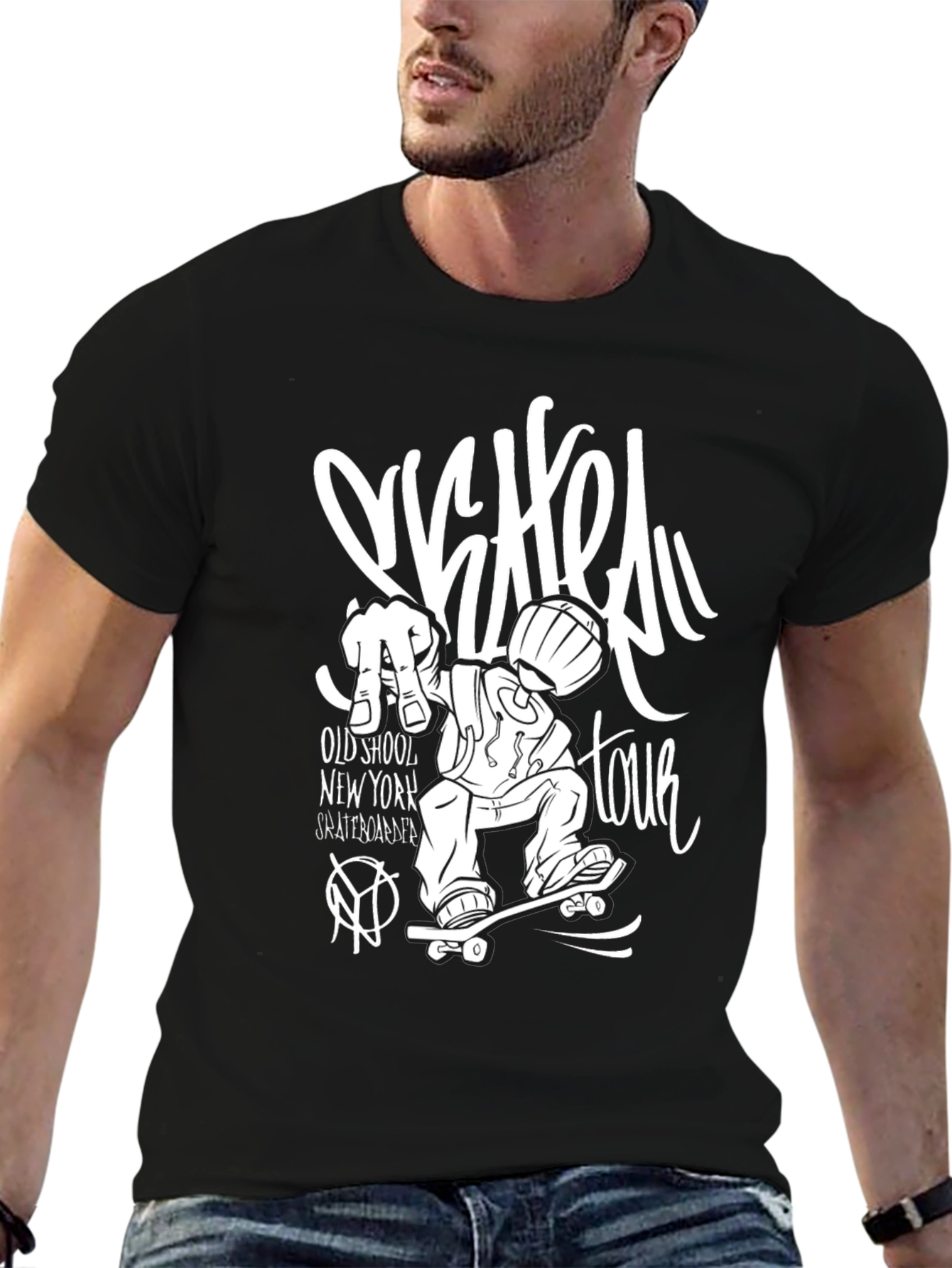 Skateboard Tour Graphic Tee - Black Cotton T-Shirt