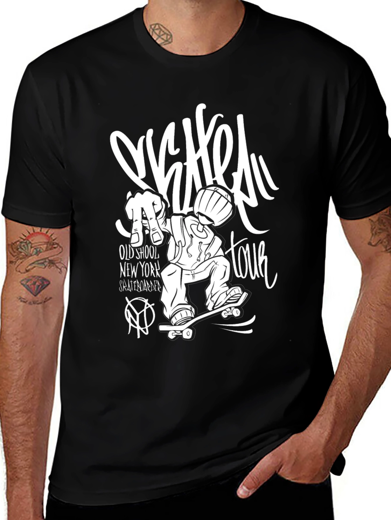 Skateboard Tour Graphic Tee - Black Cotton T-Shirt