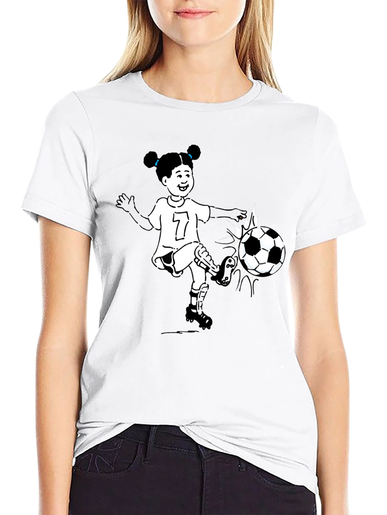 Cartoon Girl Soccer Player Black T-Shirt