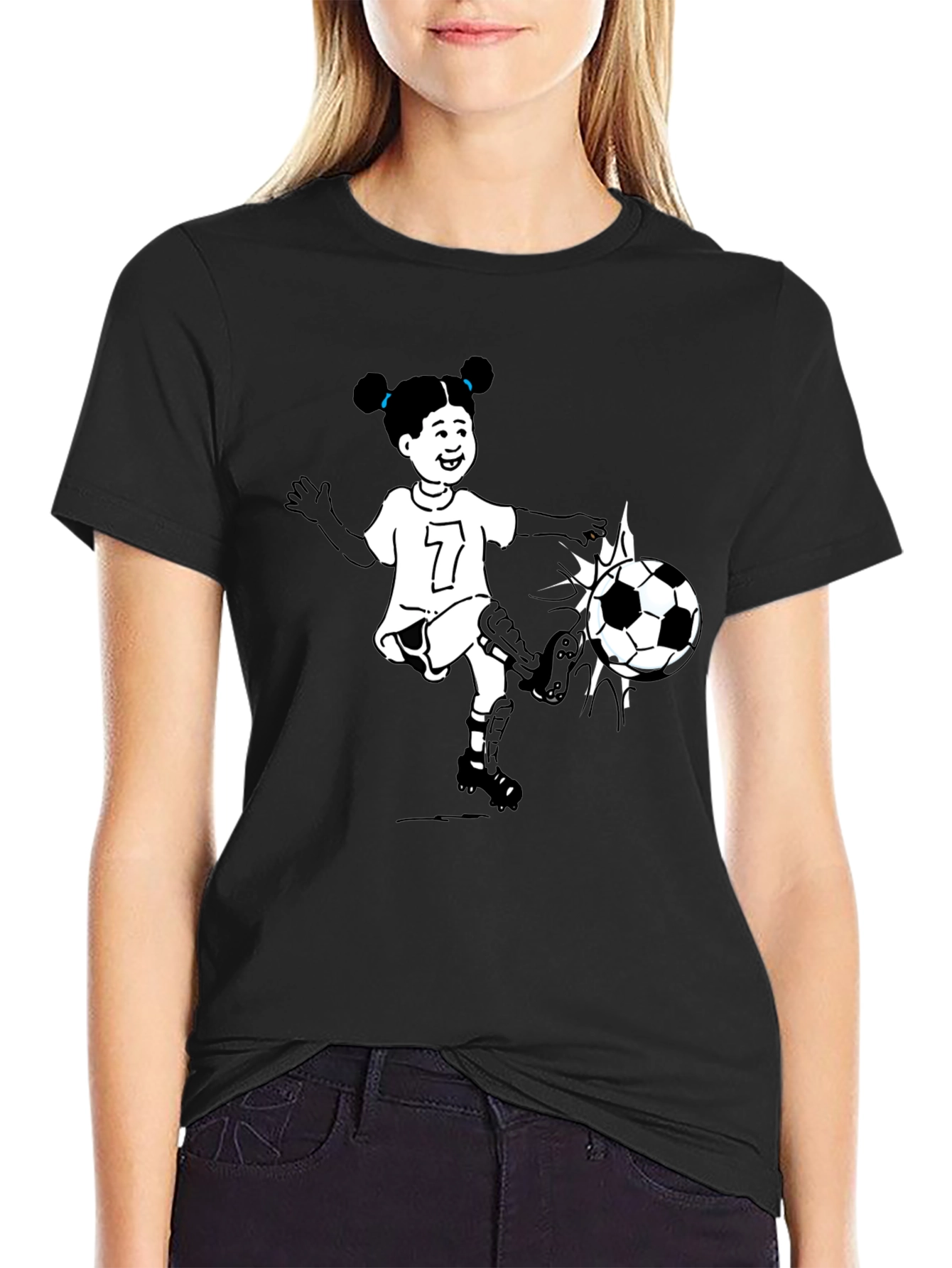 Cartoon Girl Soccer Player Black T-Shirt