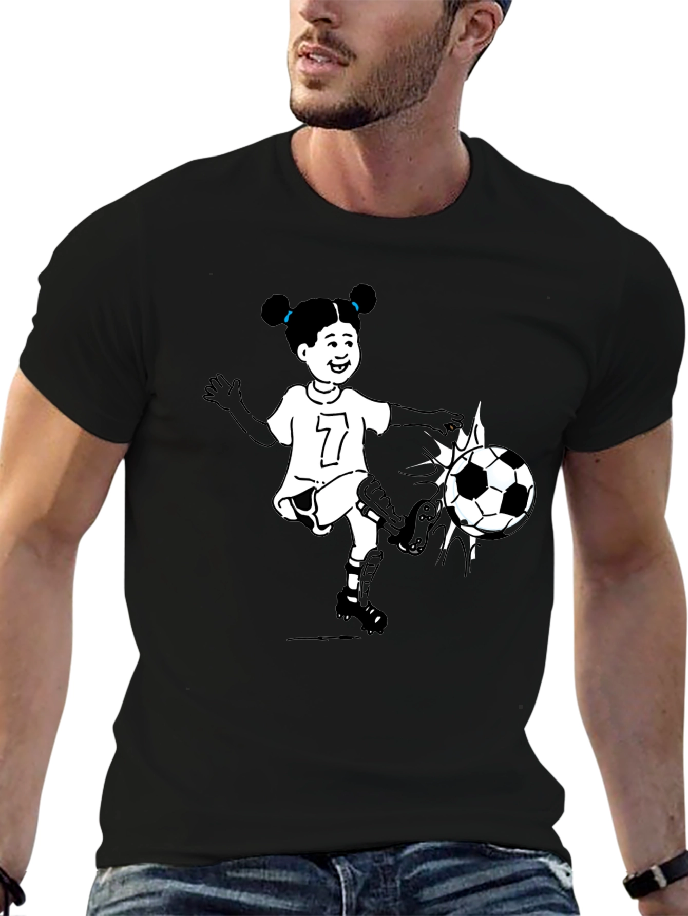 Cartoon Girl Soccer Player Black T-Shirt