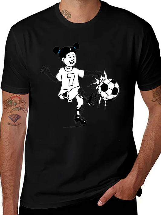 Cartoon Girl Soccer Player Black T-Shirt