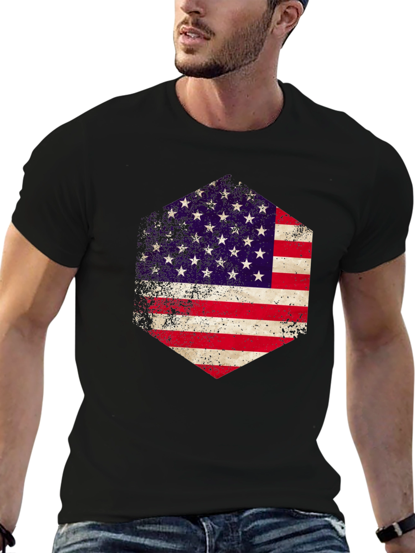 American Flag Hexagon Graphic Black T-Shirt