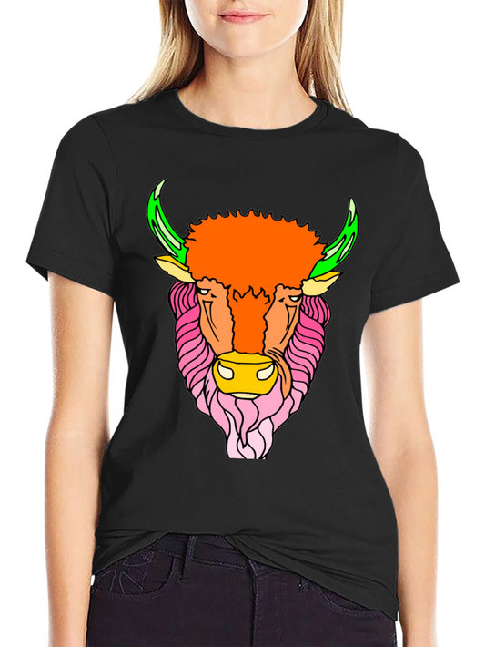 Colorful Bison Graphic Tee - Soft Black Cotton Shirt