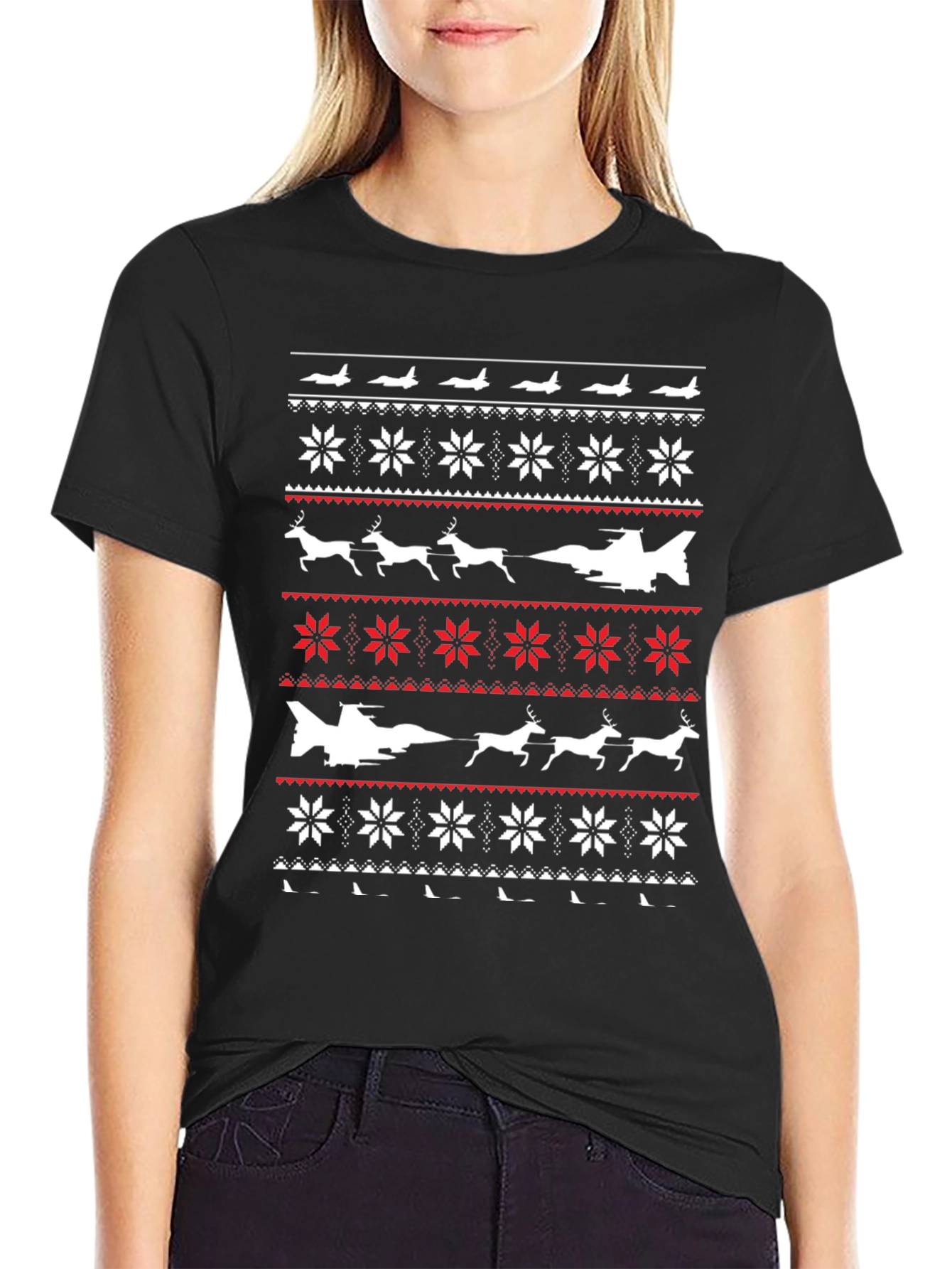 Novelty Ugly Christmas Sweater Style Plane T-Shirt