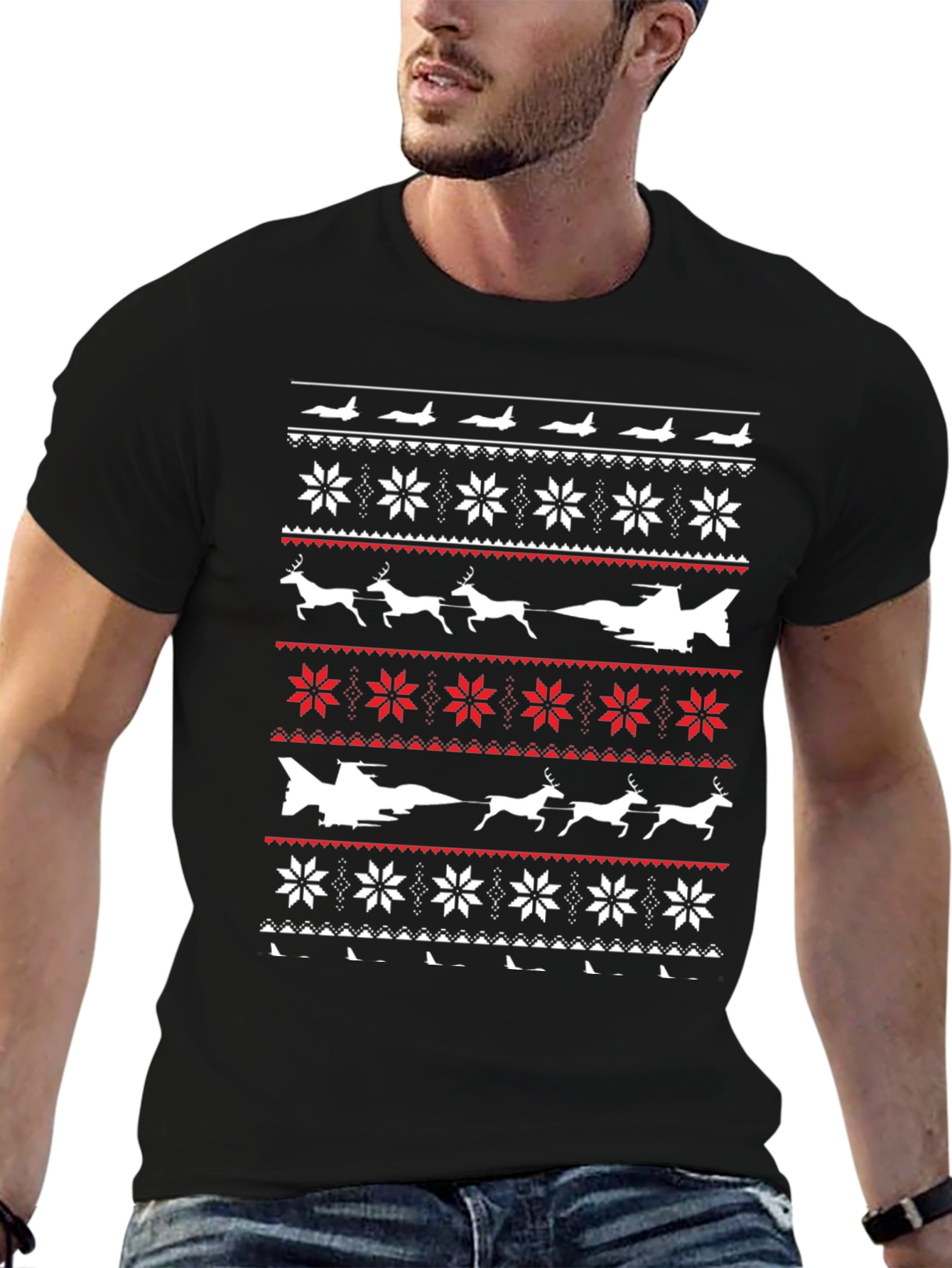 Novelty Ugly Christmas Sweater Style Plane T-Shirt