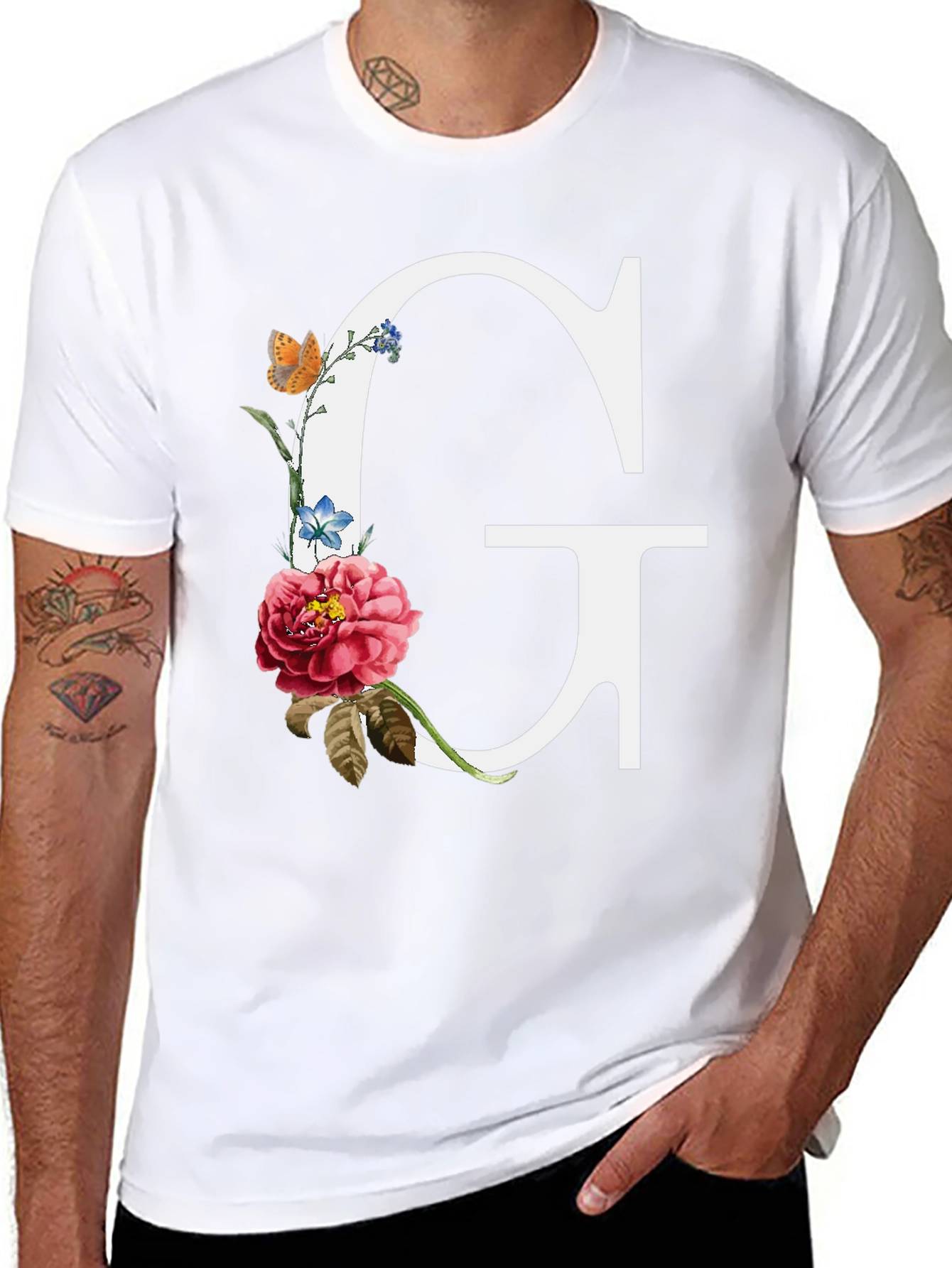 Floral Letter G Graphic Tee - Black