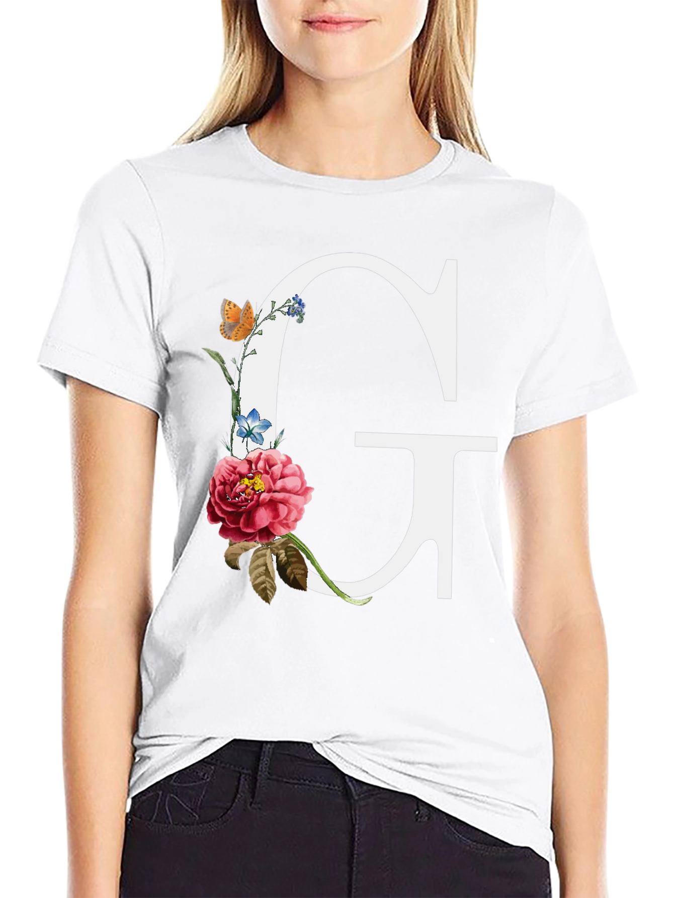 Floral Letter G Graphic Tee - Black