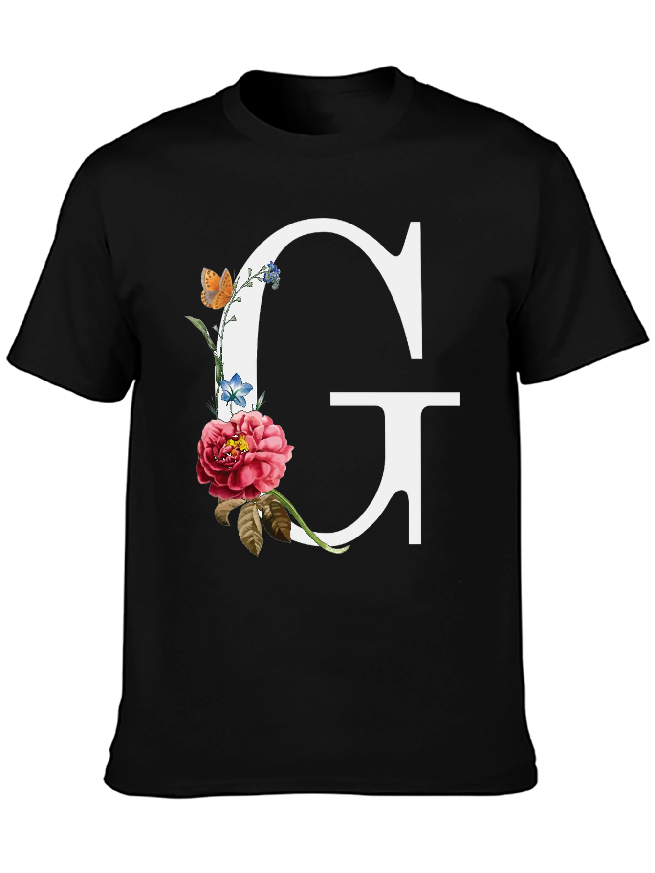 Floral Letter G Graphic Tee - Black