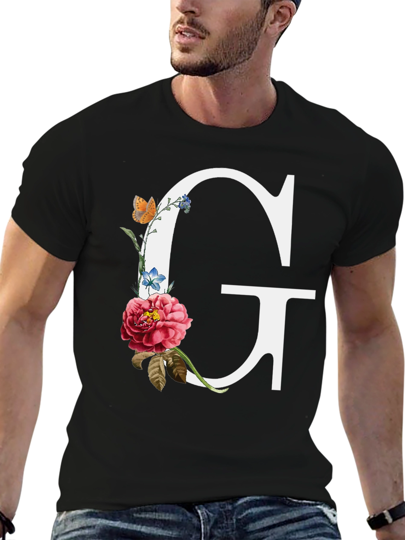 Floral Letter G Graphic Tee - Black