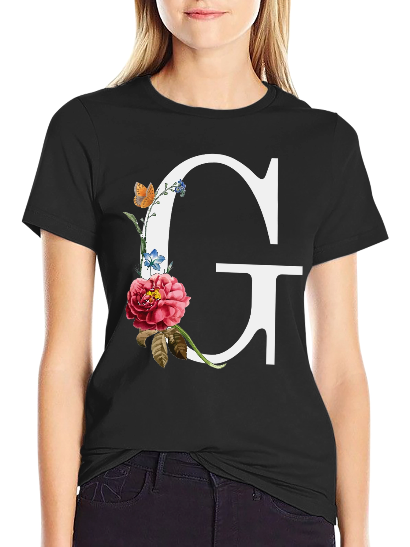 Floral Letter G Graphic Tee - Black