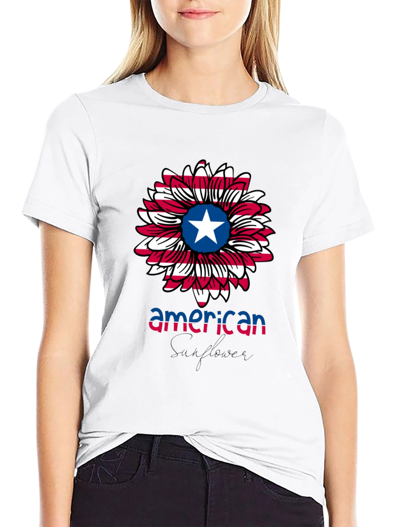 American Flag Sunflower Graphic T-Shirt