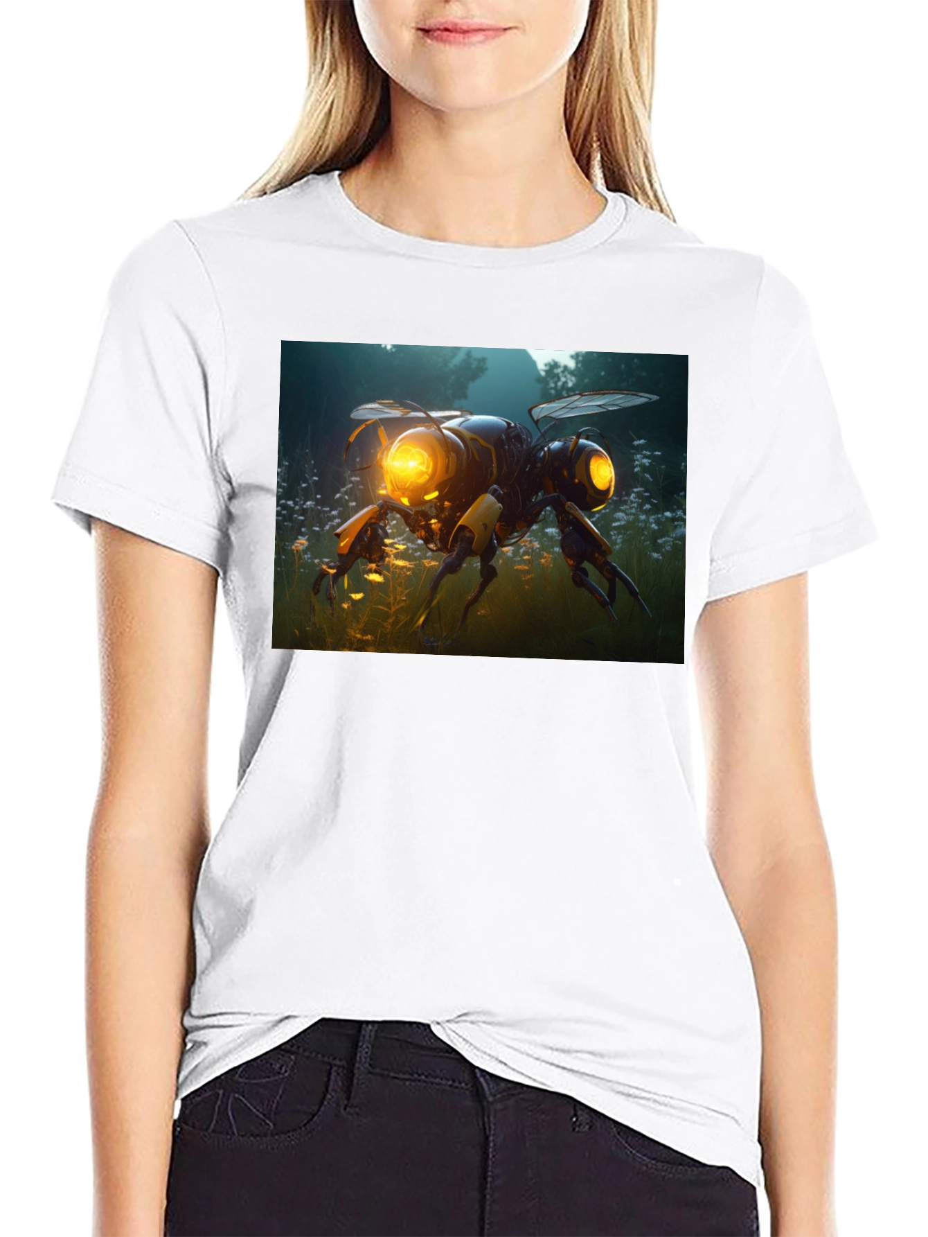 Robotic Bee Graphic Tee - Black Cotton T-Shirt