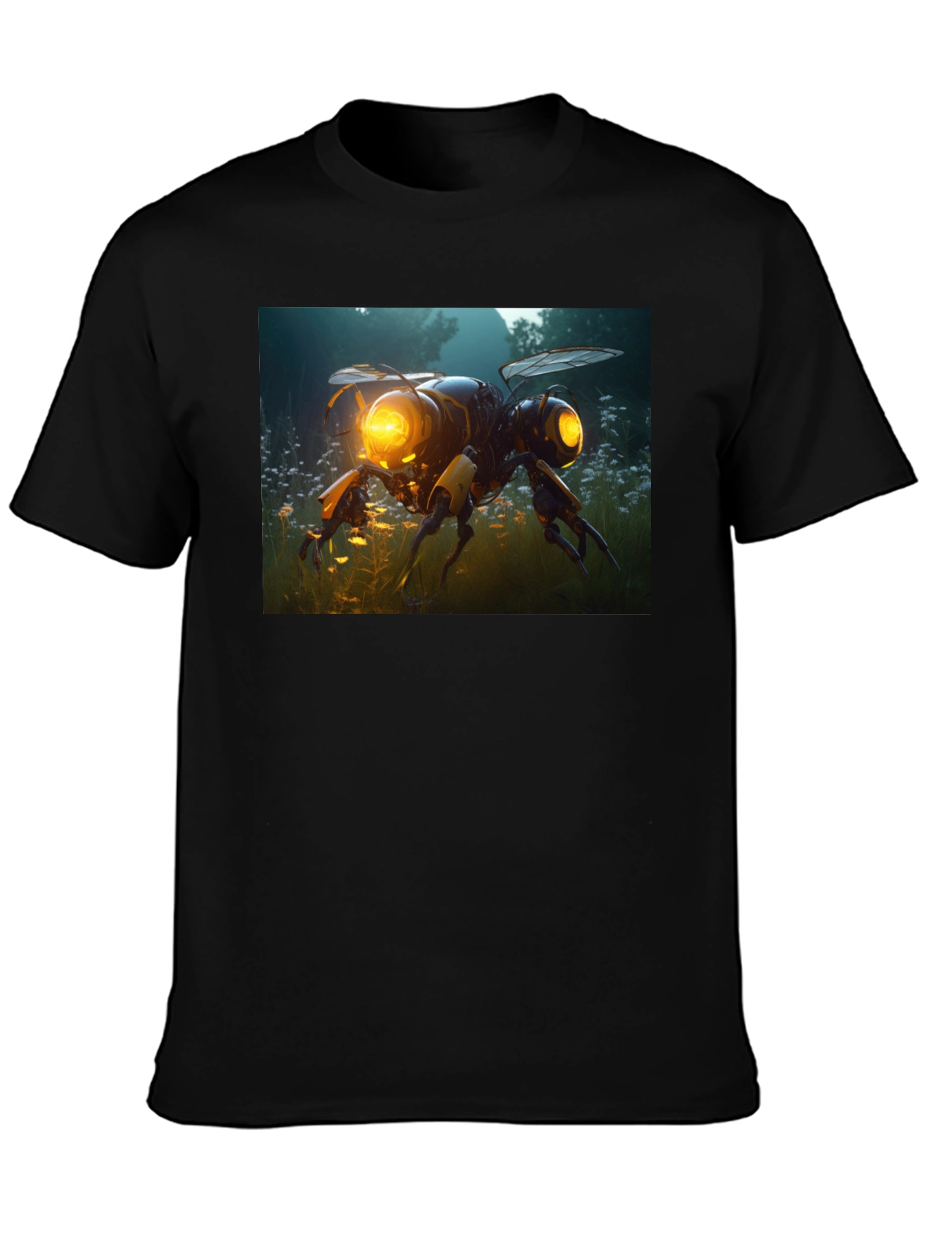 Robotic Bee Graphic Tee - Black Cotton T-Shirt