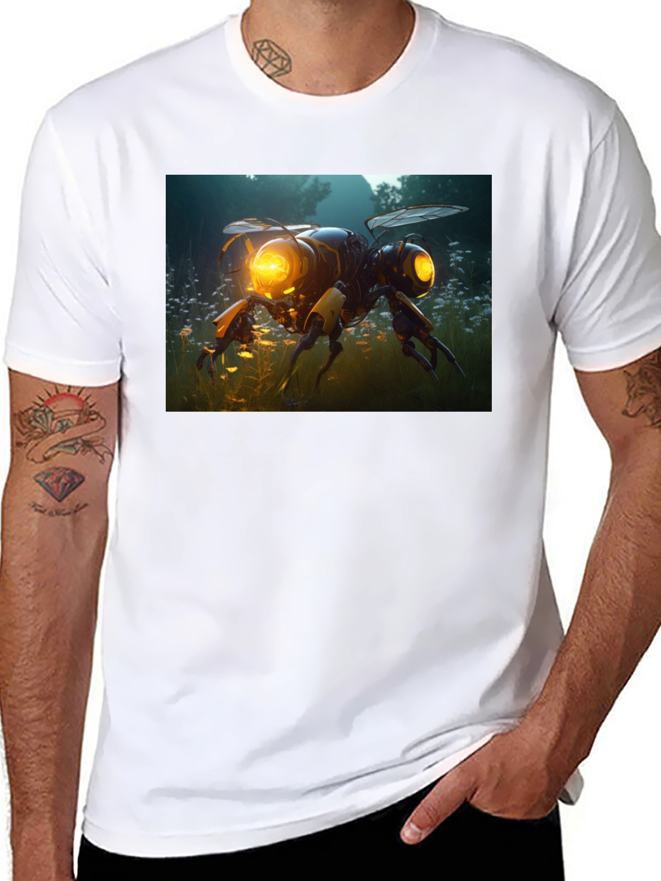 Robotic Bee Graphic Tee - Black Cotton T-Shirt