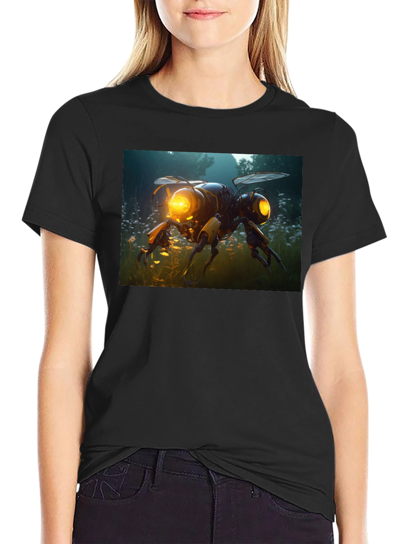 Robotic Bee Graphic Tee - Black Cotton T-Shirt